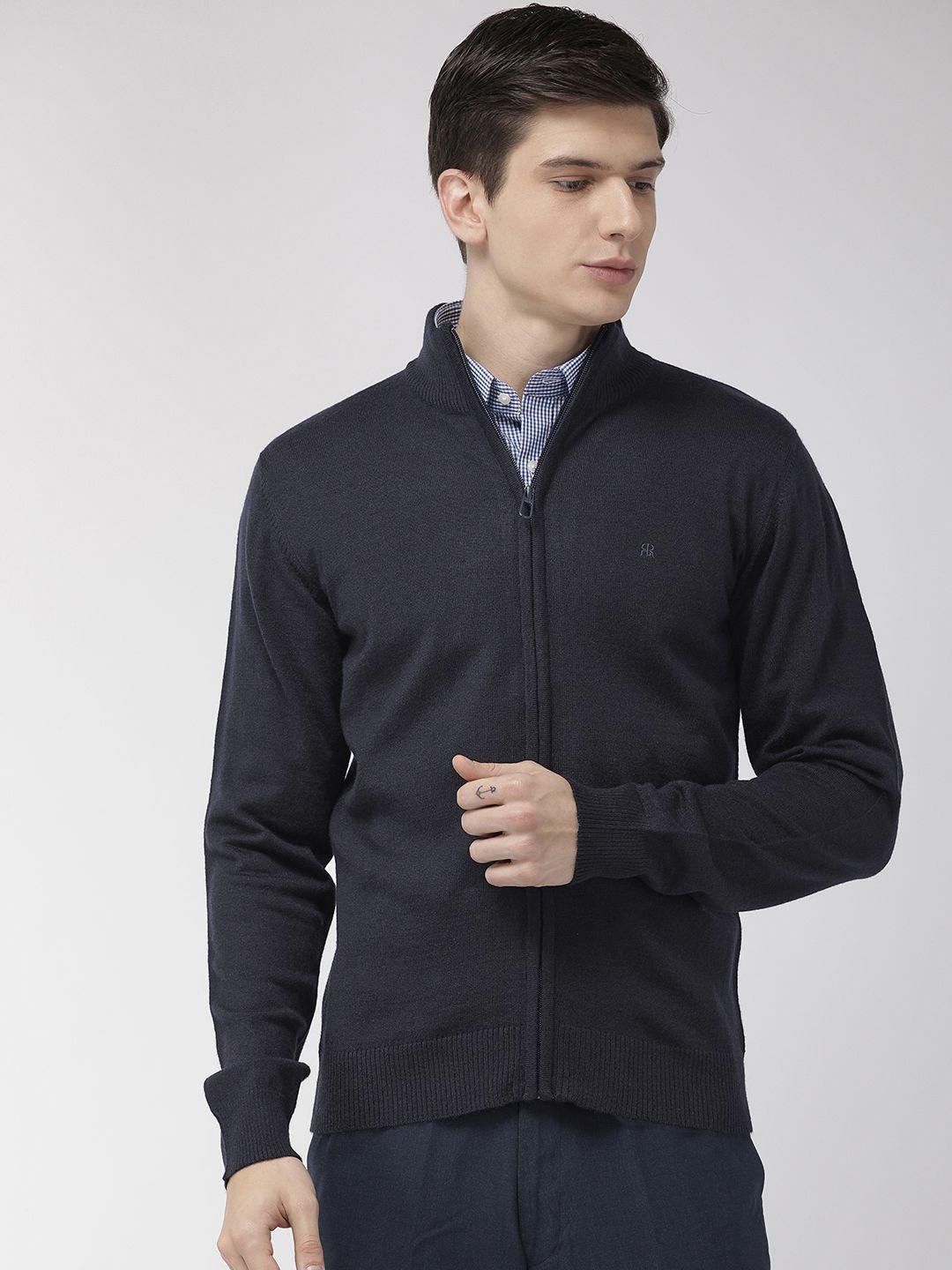 raymond men navy blue solid front-open sweater