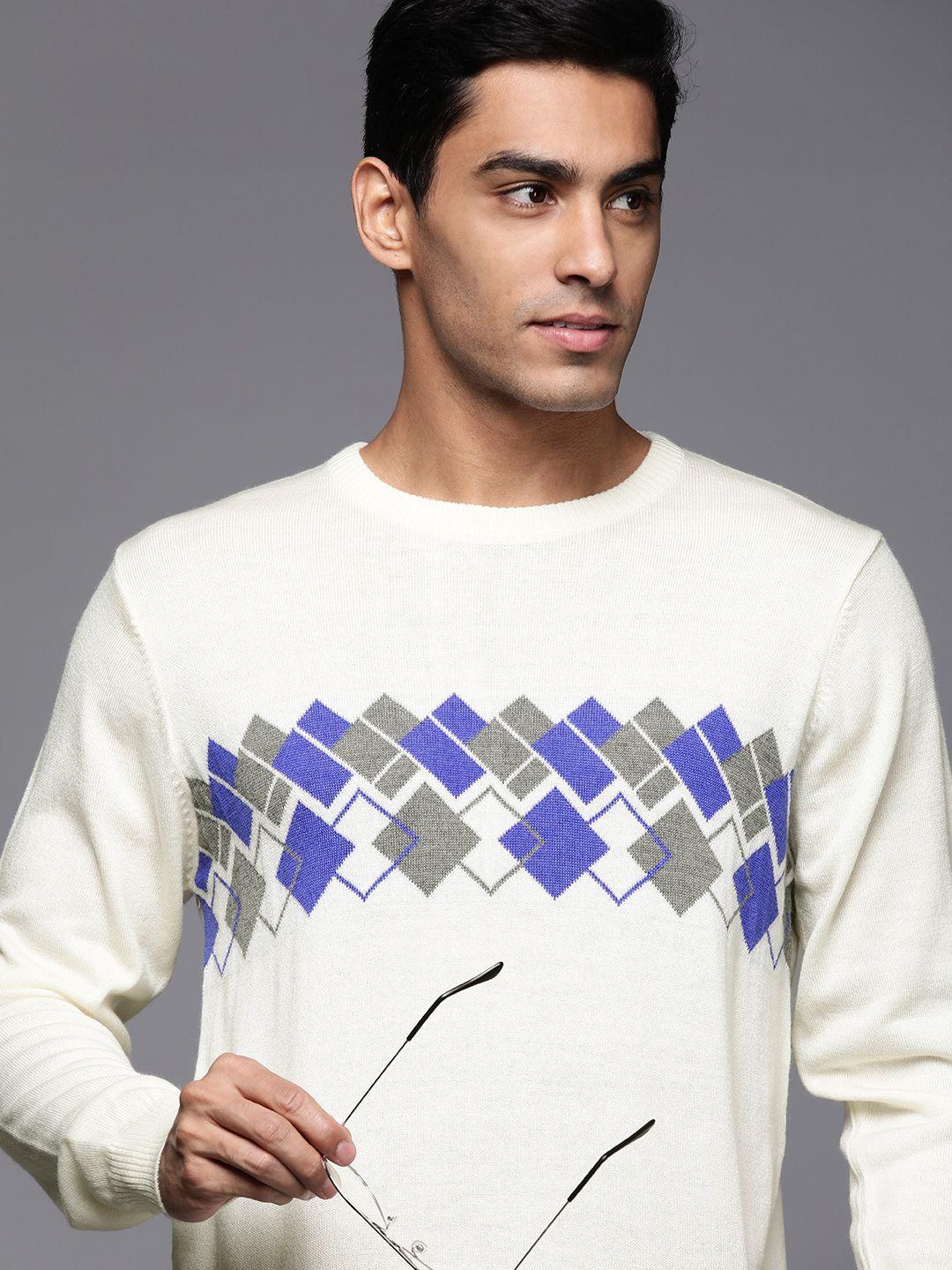 raymond men off white & blue geometric sweater