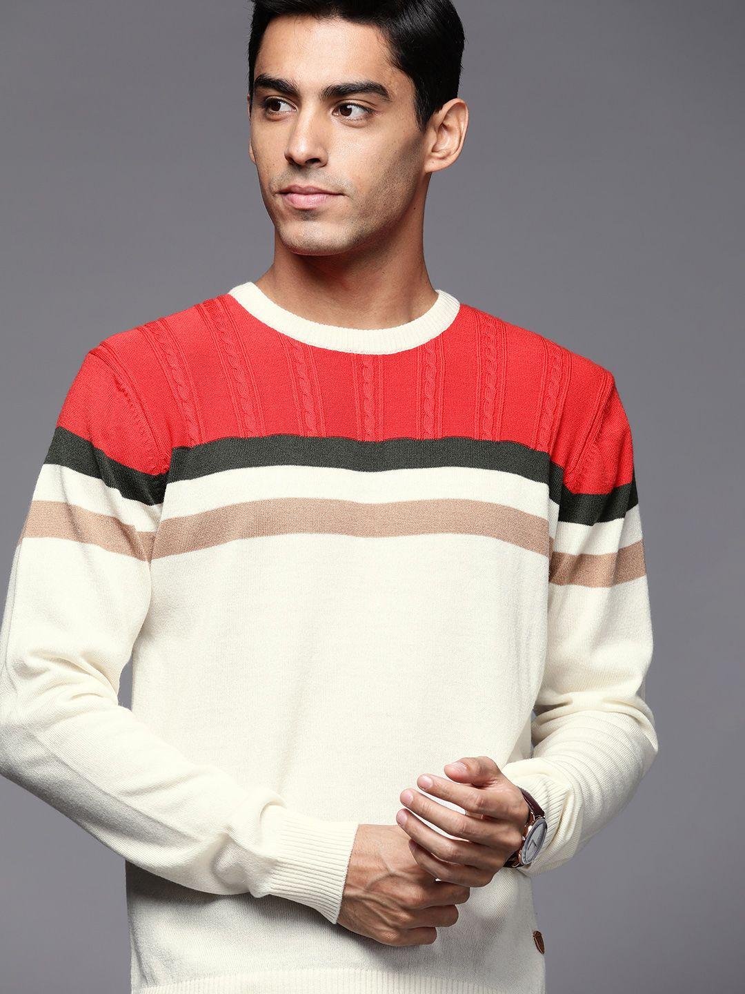 raymond men off white & red striped woolen  pullover