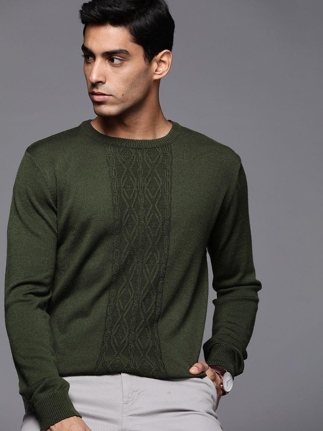 raymond men olive green solid cable knit pullover