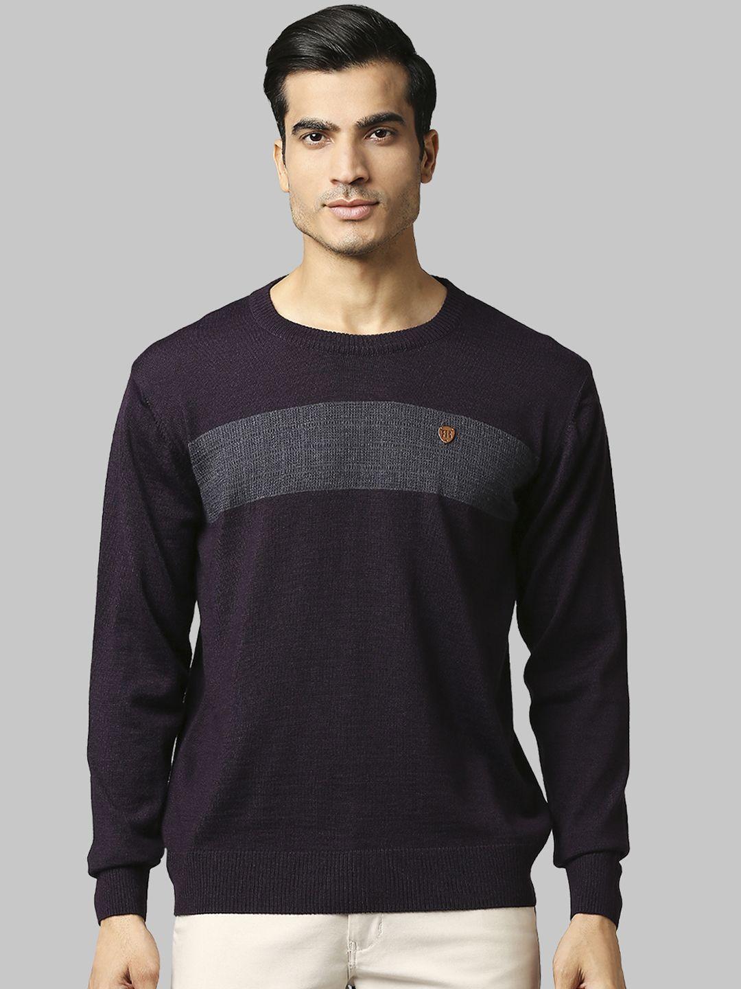 raymond men violet & grey colourblocked pullover sweater