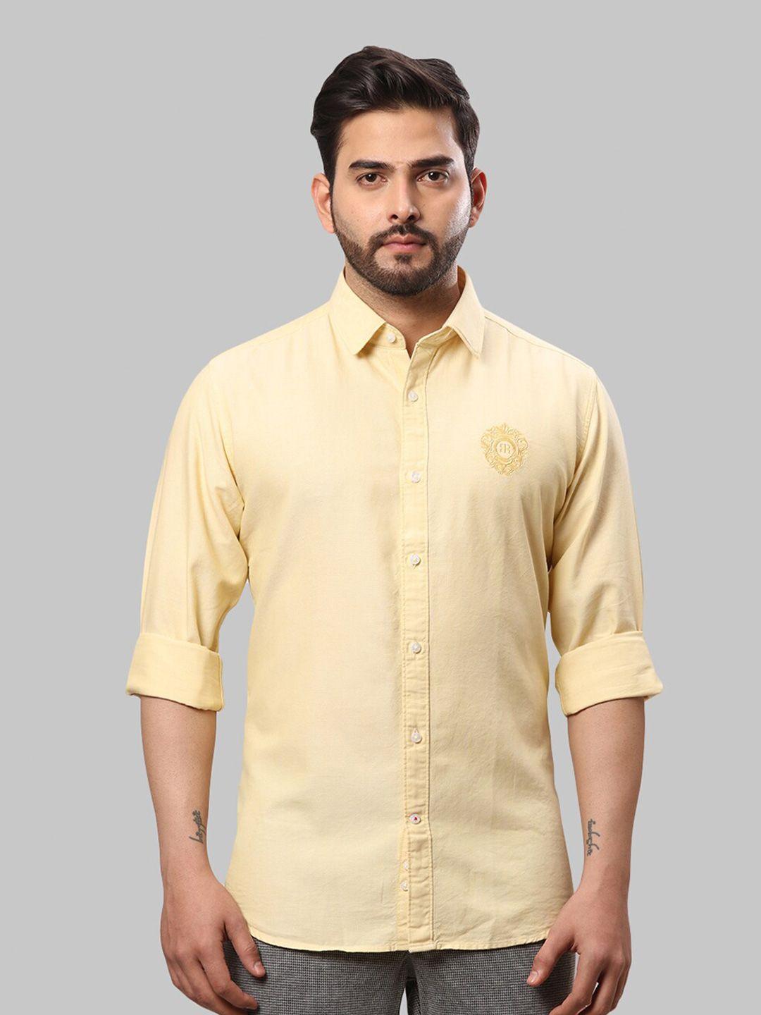 raymond men yellow cotton slim-fit shirts