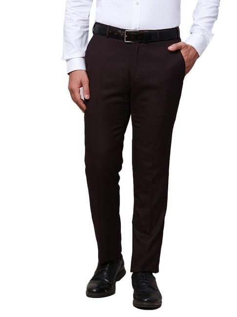 raymond violet slim fit self design flat front trousers