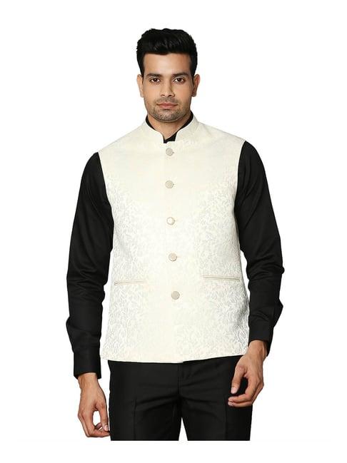 raymond white embroidered nehru jacket
