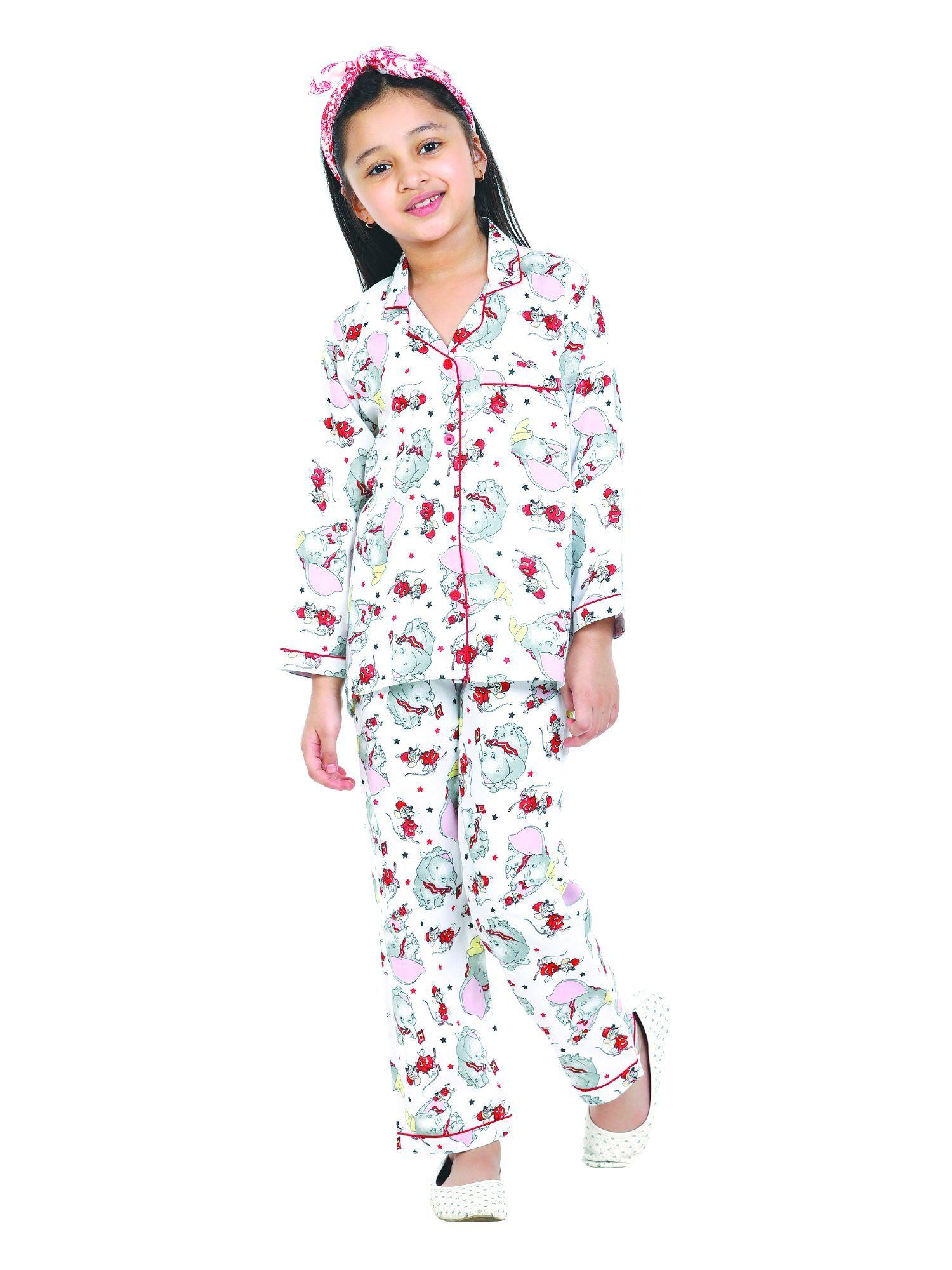 rayon white elephant print long sleeve night suit for girls (set of 2)