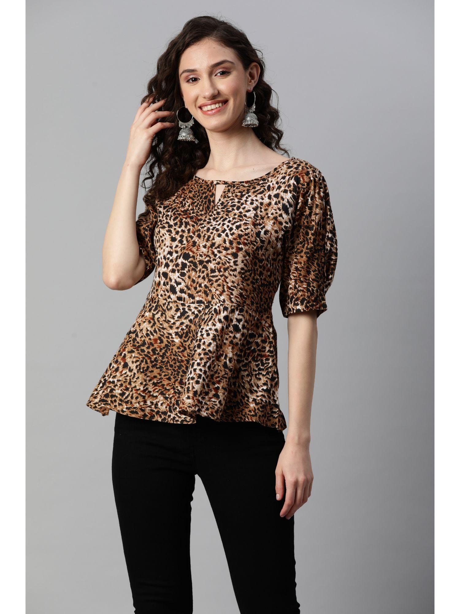 rayon animal print peplum brown top