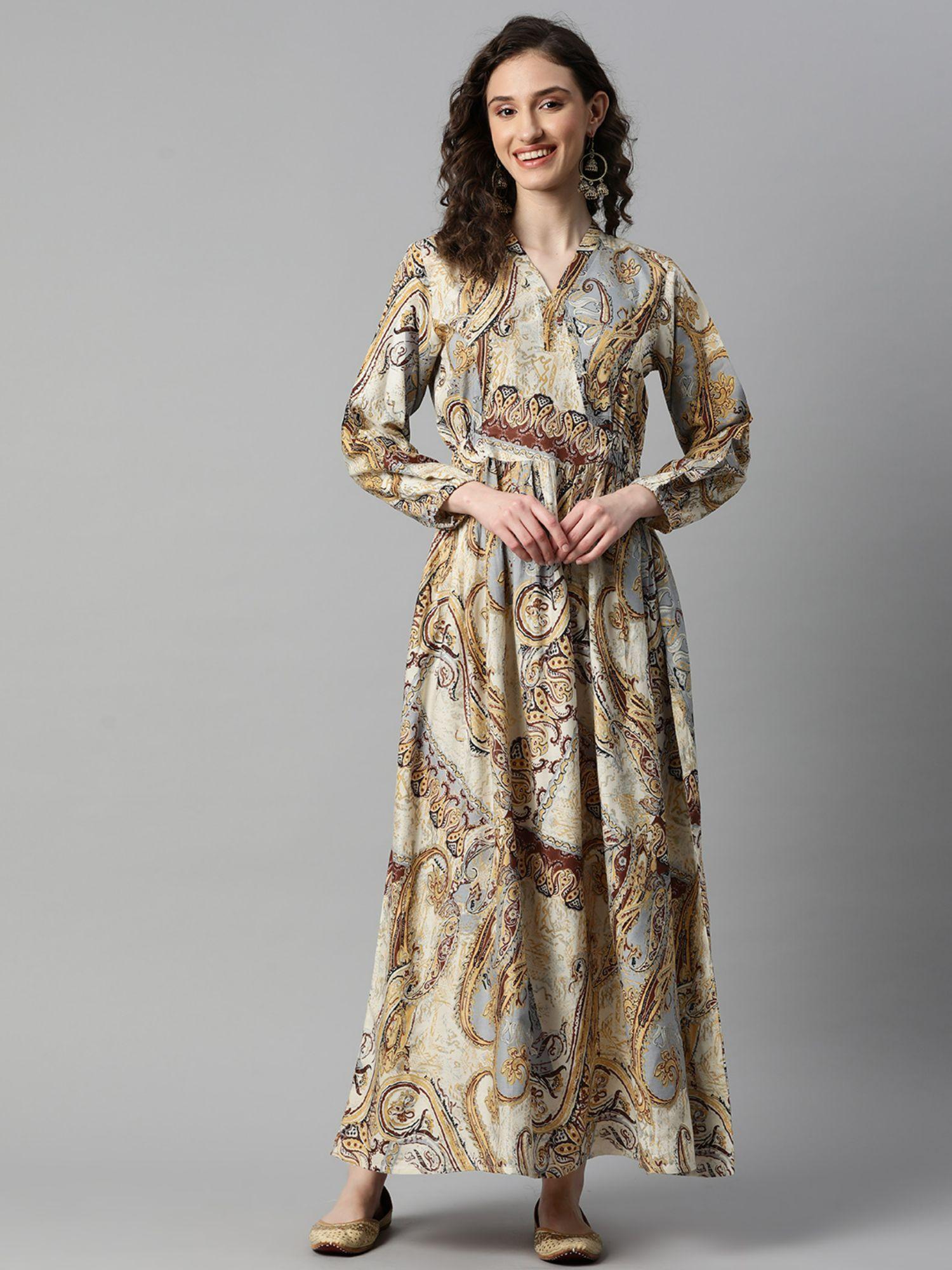 rayon beige paisley print a-line dress