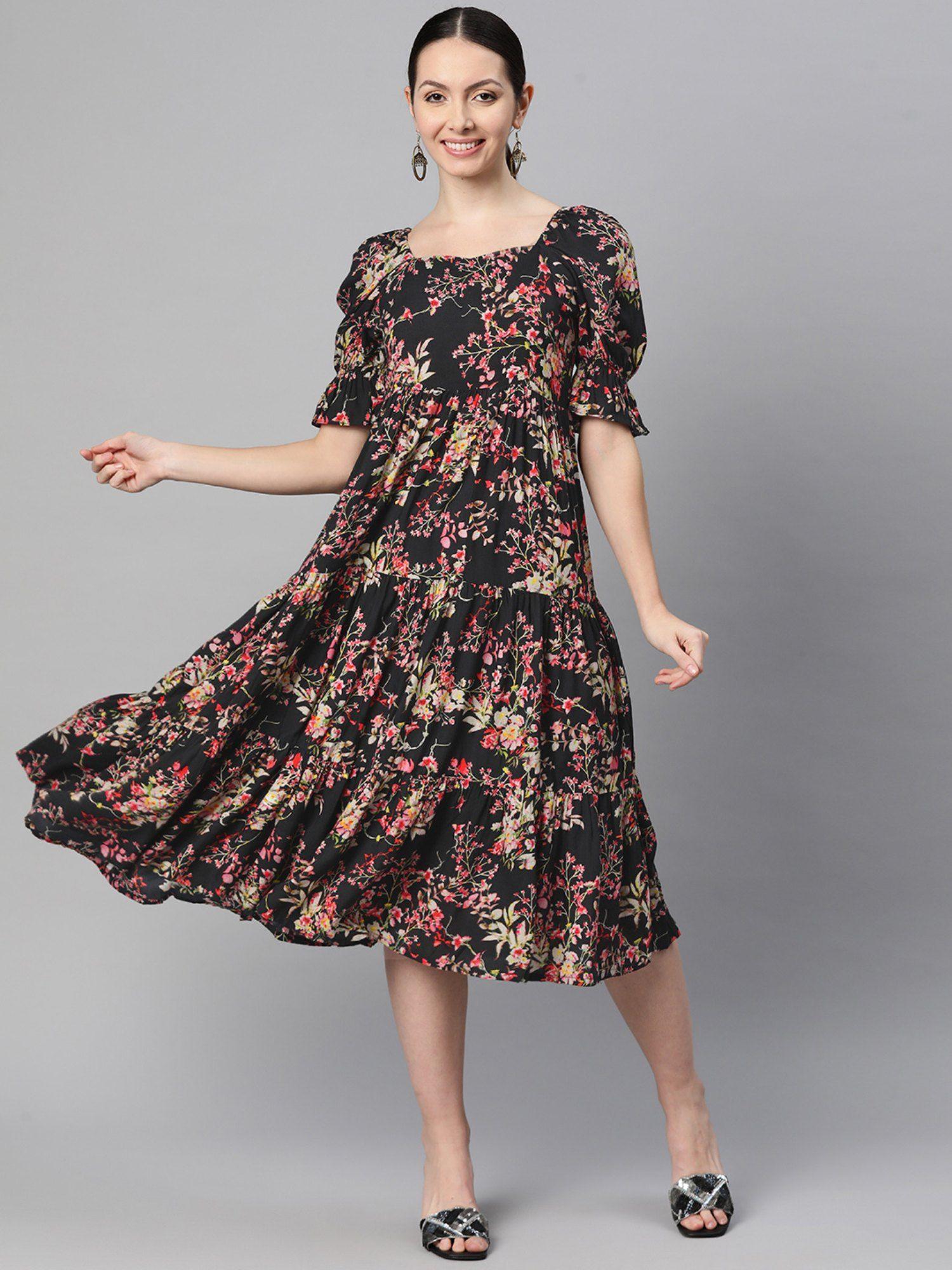 rayon black floral print dress