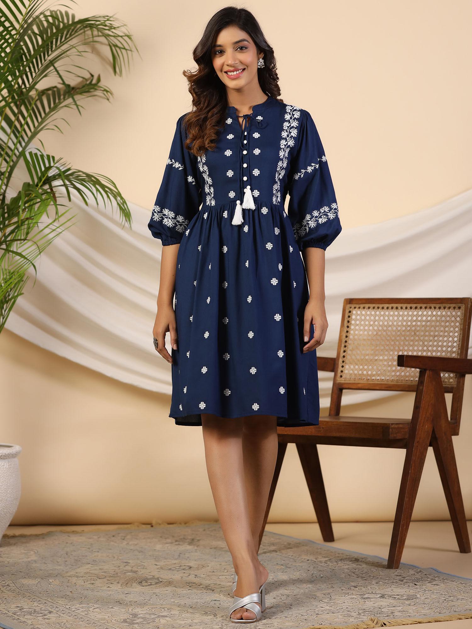 rayon blue cross stitched embroidered short dress with dori tie ups & tassels