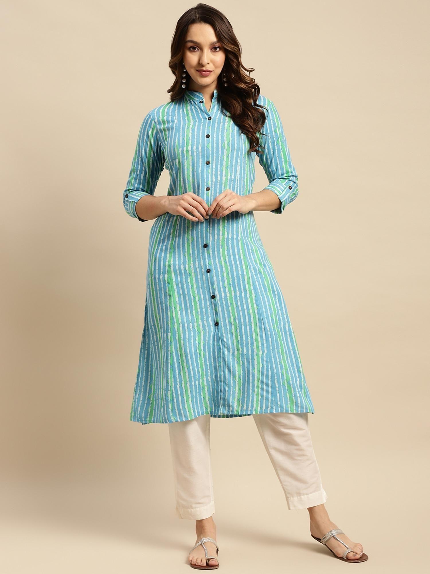 rayon blue tonal printed calf length kalidar kurta with front button placket