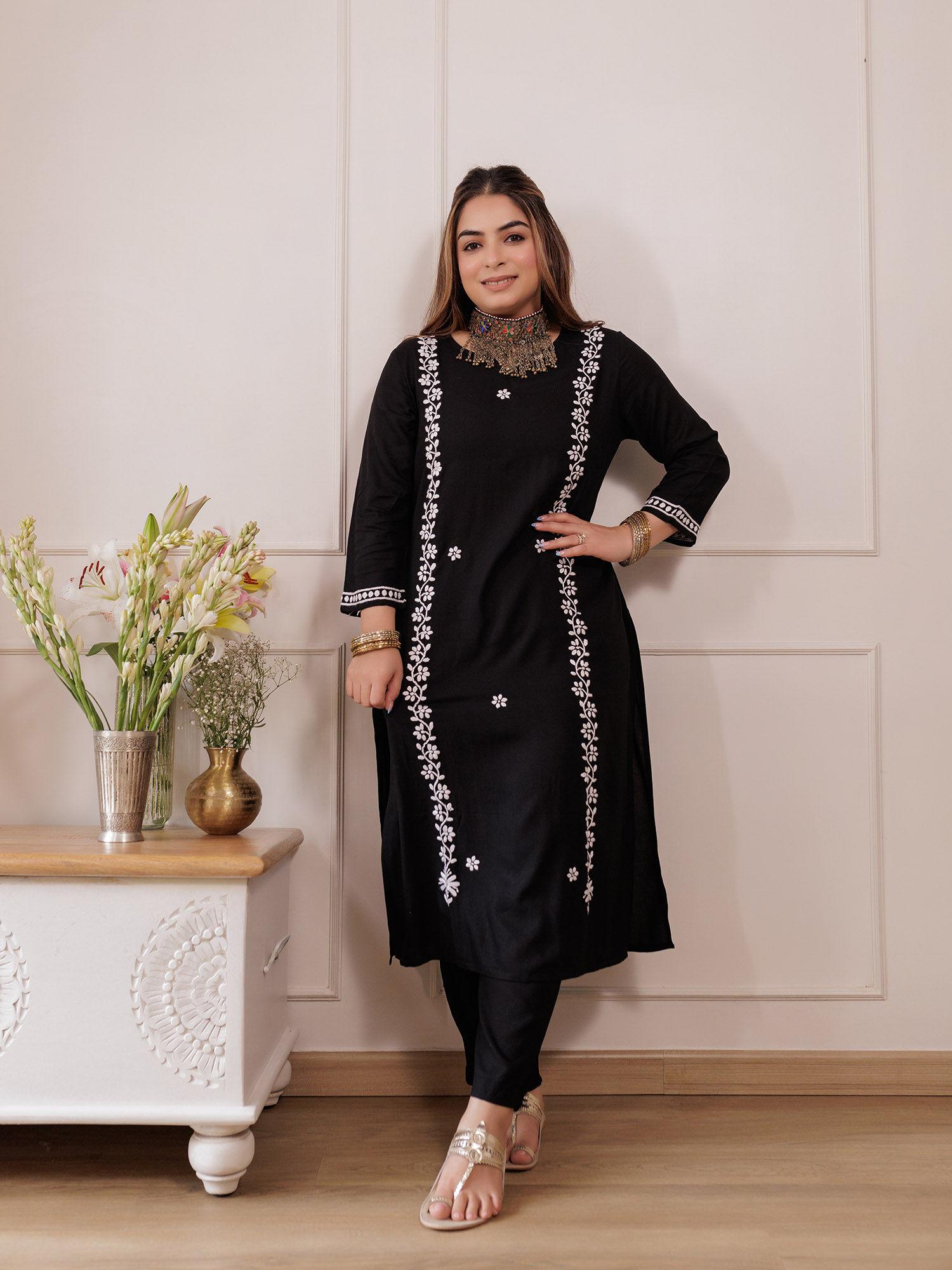 rayon chikankari embroidered womens long kurta - black