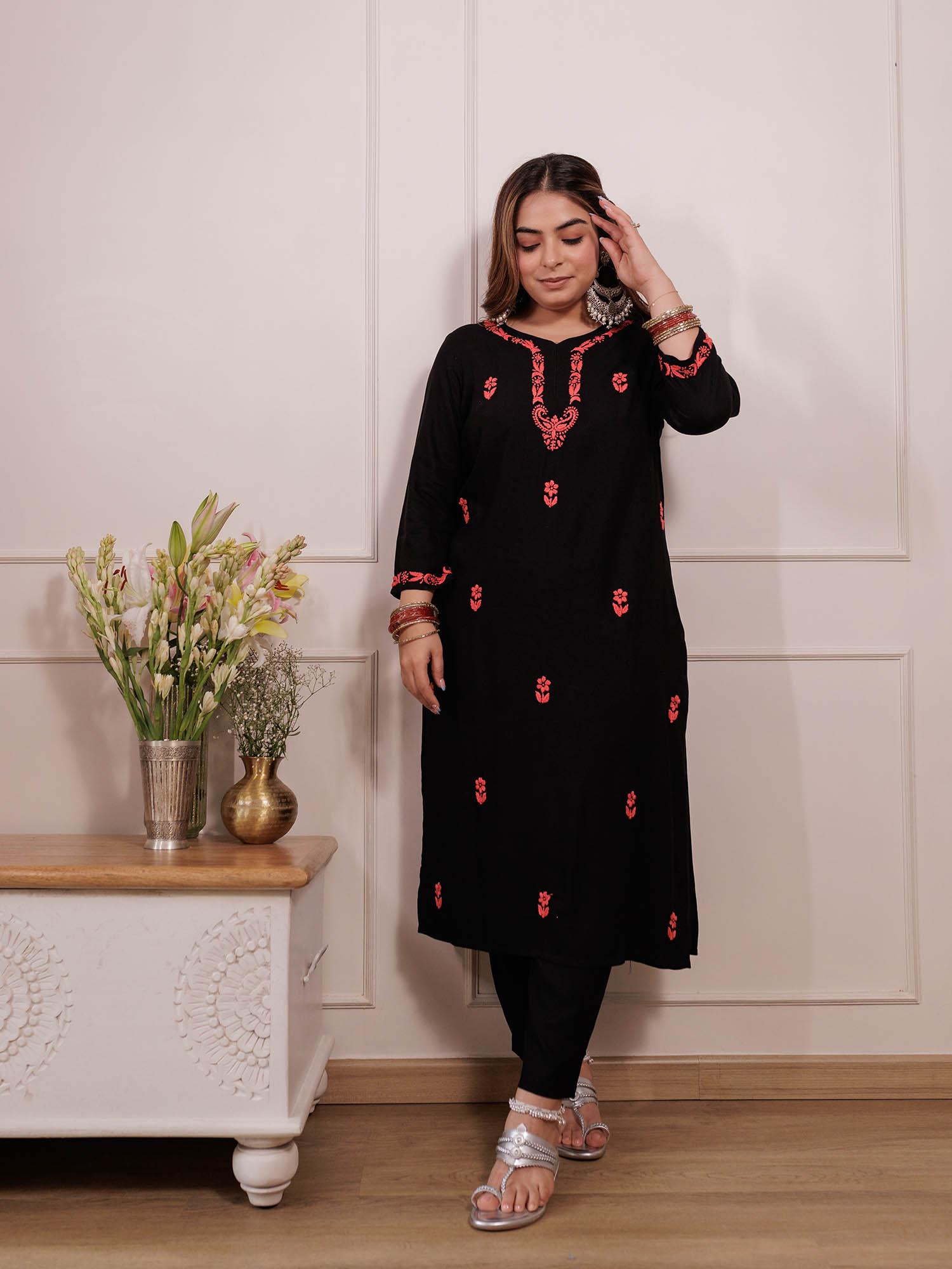 rayon chikankari embroidered womens long kurta - black