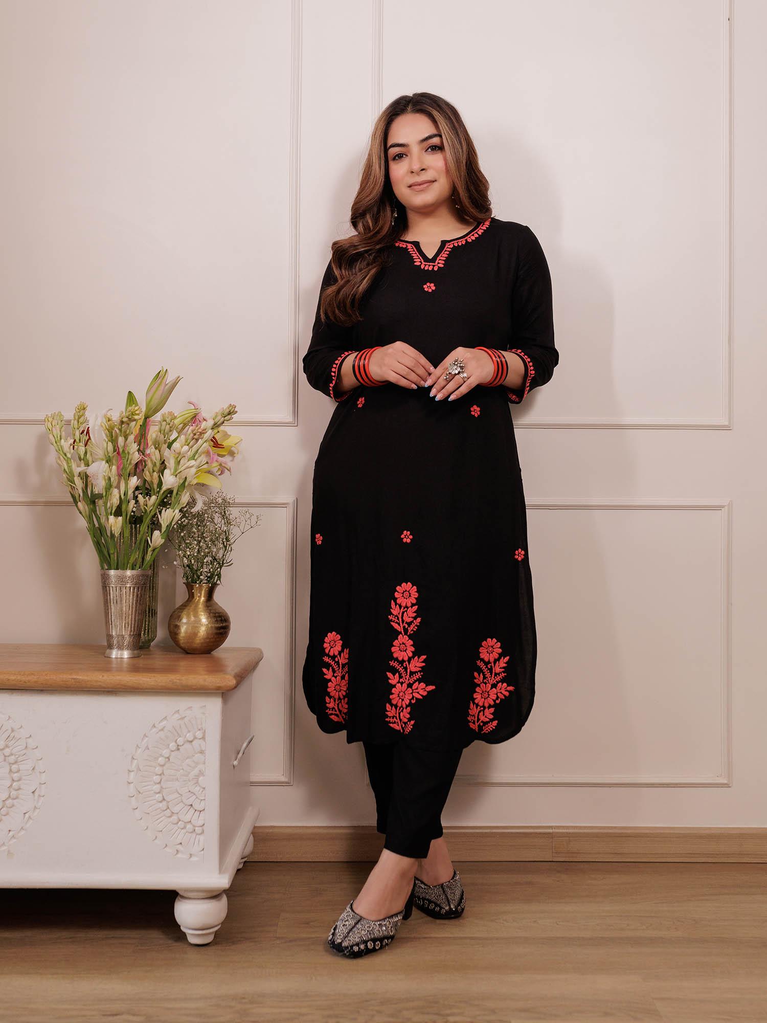 rayon chikankari embroidered womens long kurta - black