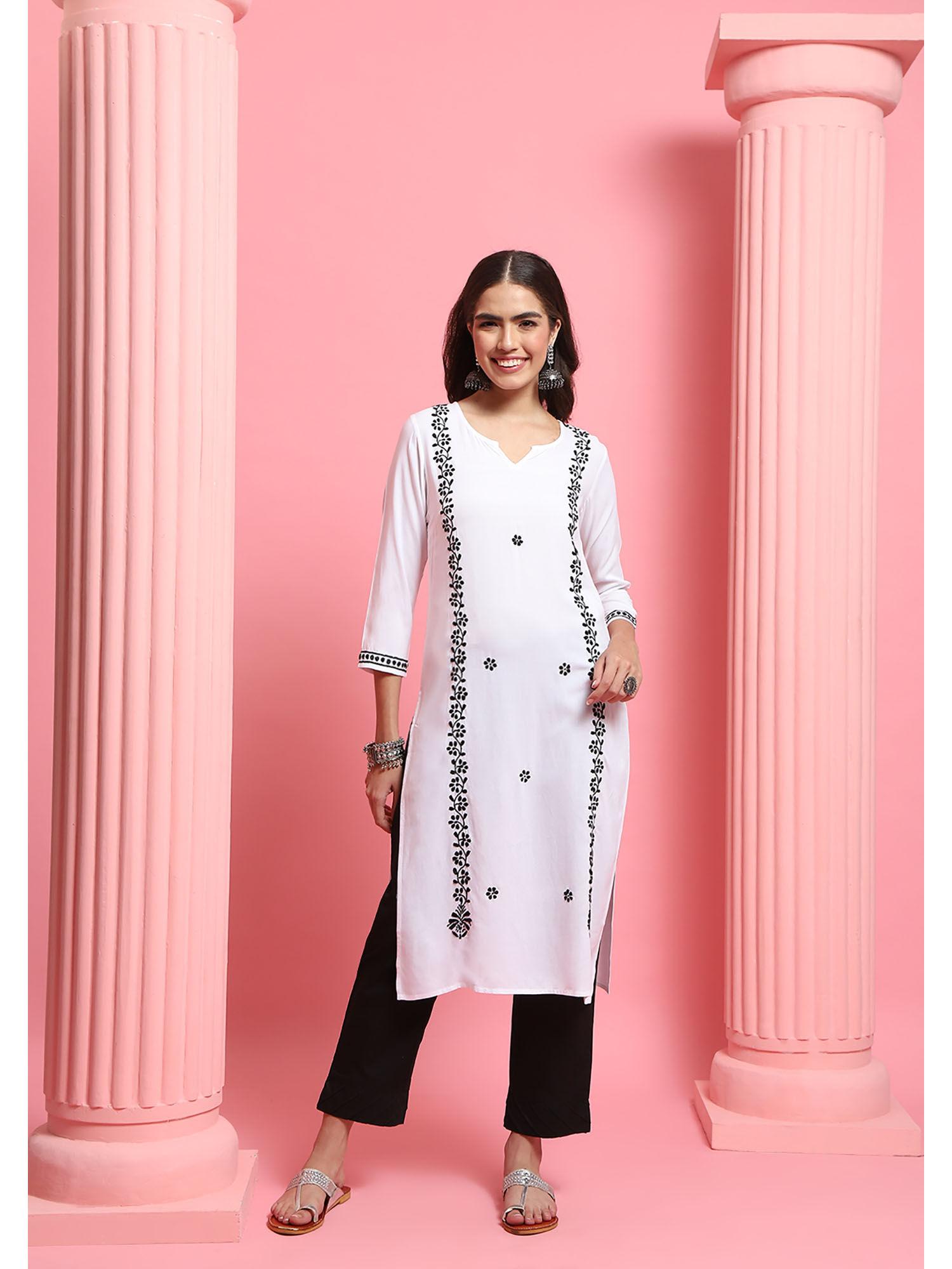 rayon chikankari embroidered womens long kurta - white