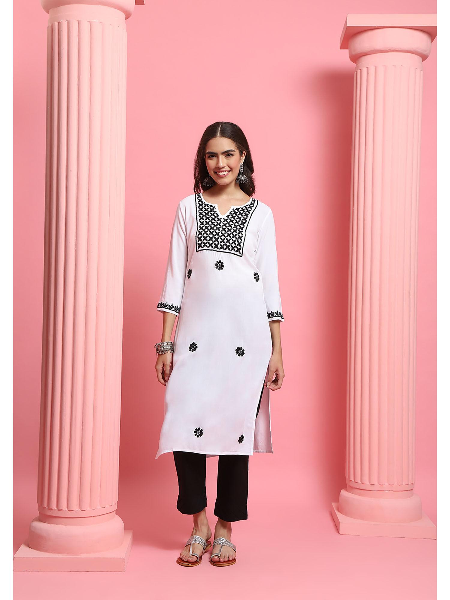 rayon chikankari embroidered womens long kurta - white