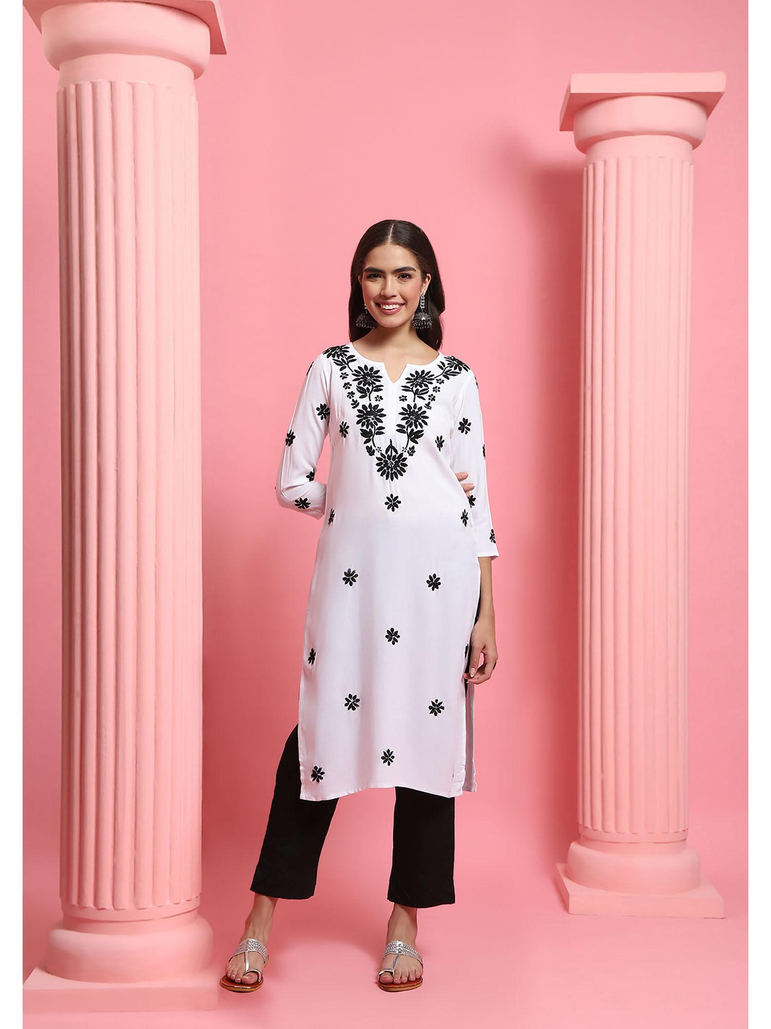 rayon chikankari embroidered womens long kurta - white