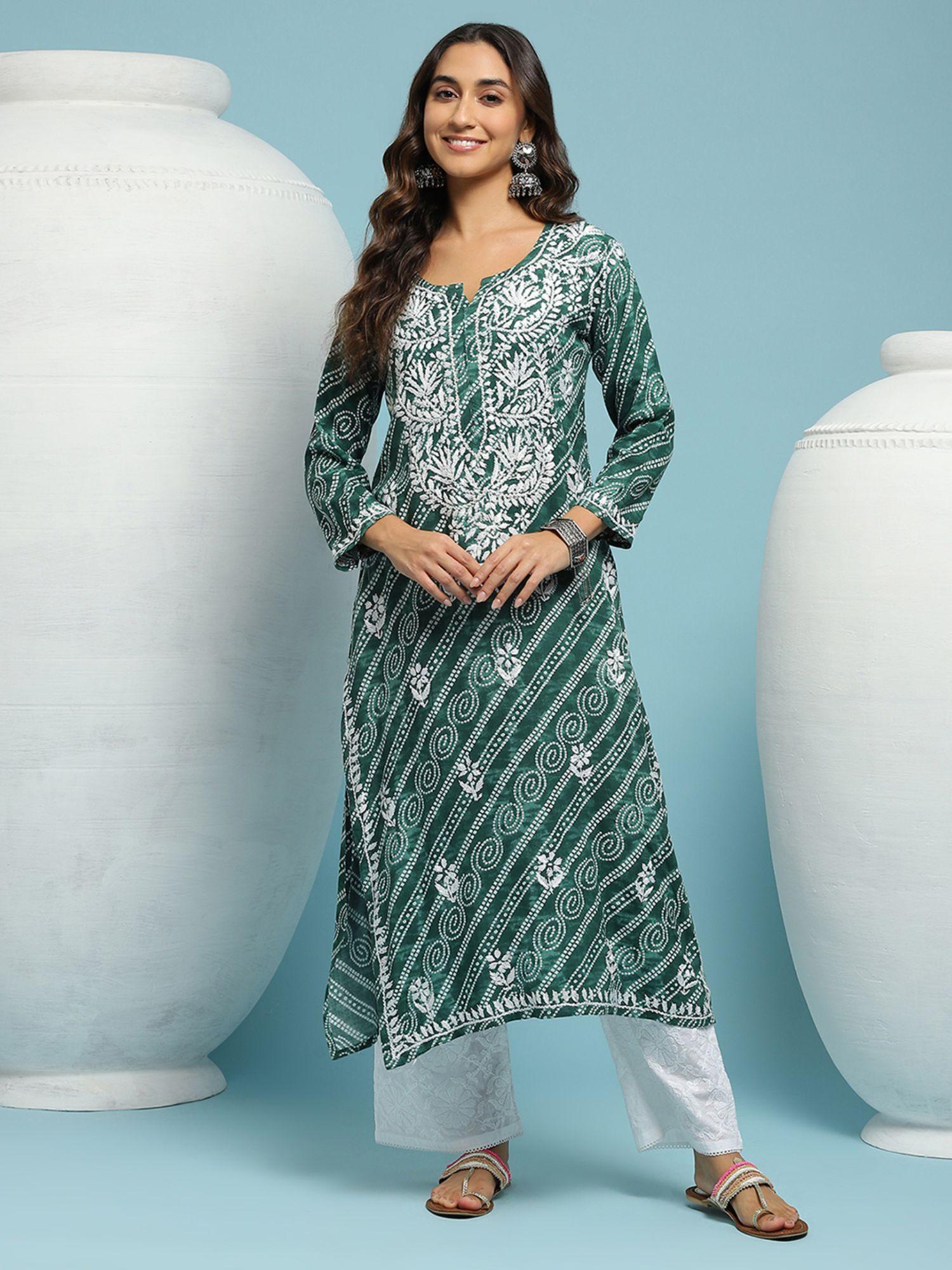 rayon chikankari printed womens long kurta - green