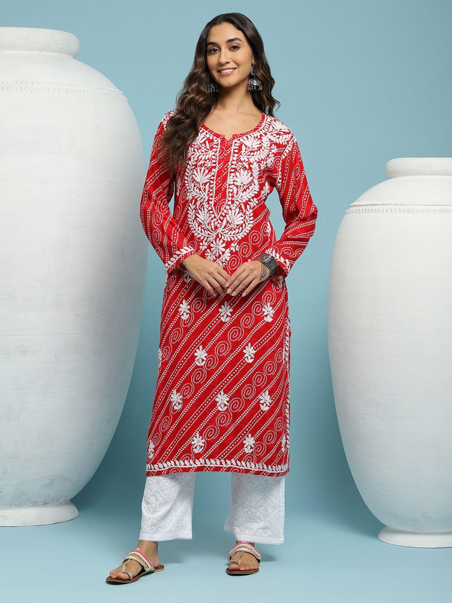 rayon chikankari printed womens long kurta - red