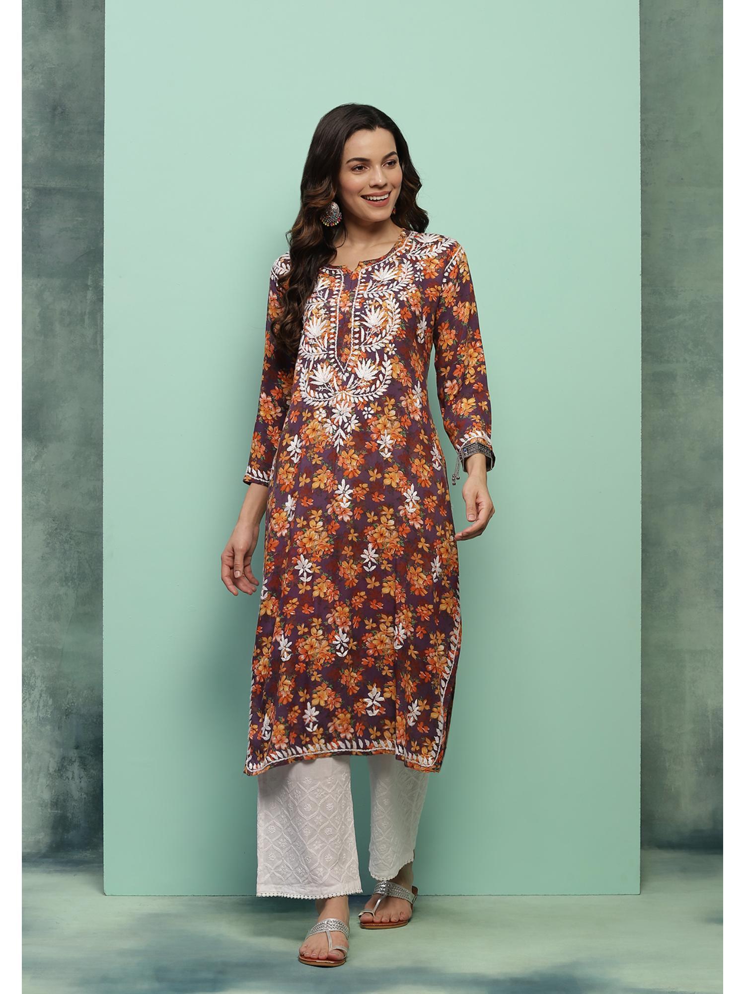 rayon chikankari printed womens long kurta