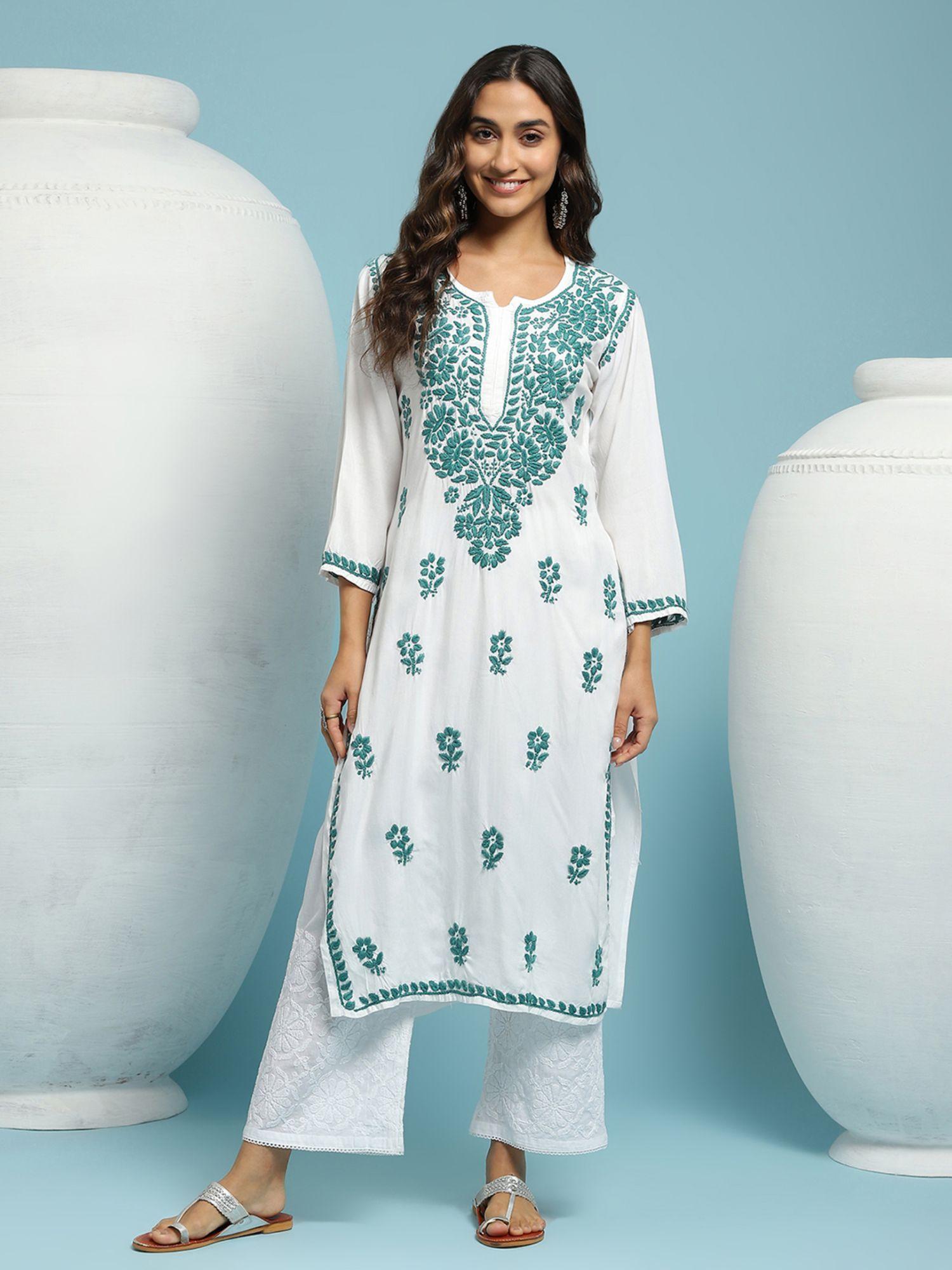 rayon chikankari solid womens long kurta - green