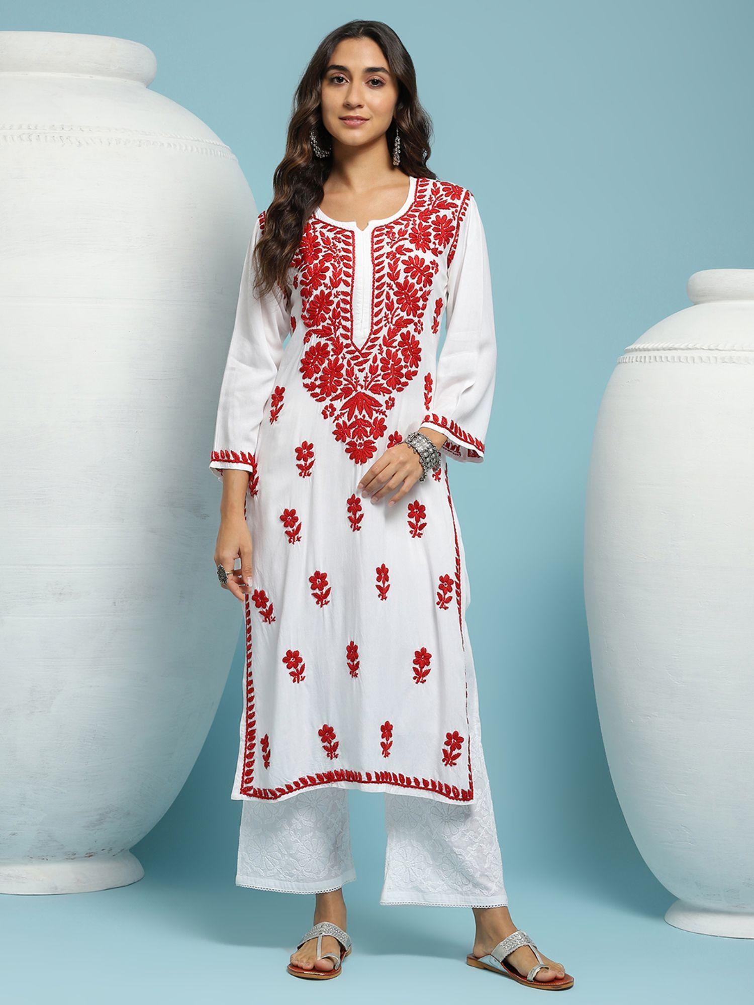 rayon chikankari solid womens long kurta - red