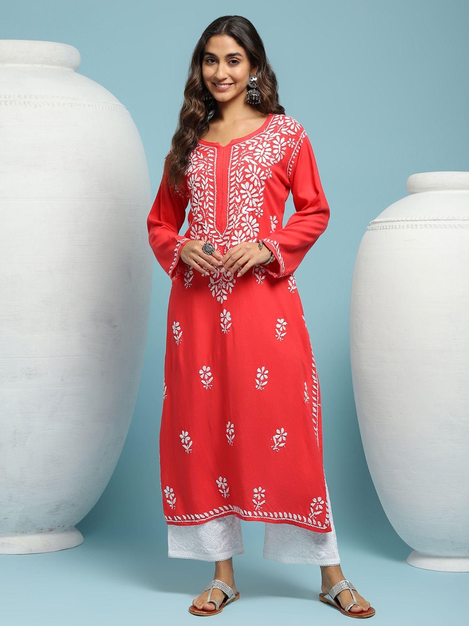 rayon chikankari solid womens long kurta - red