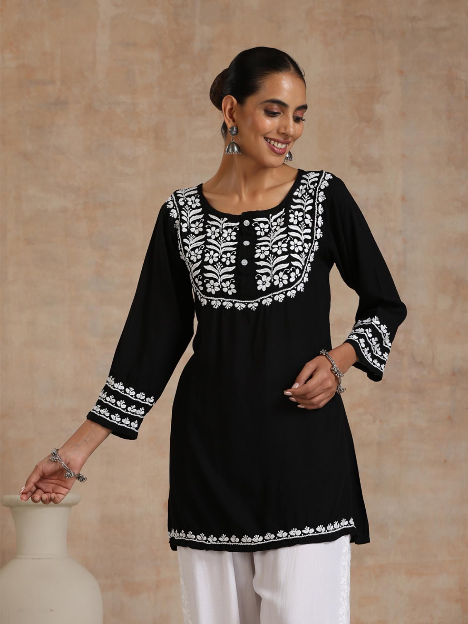 rayon chikankari solid womens short kurti- black