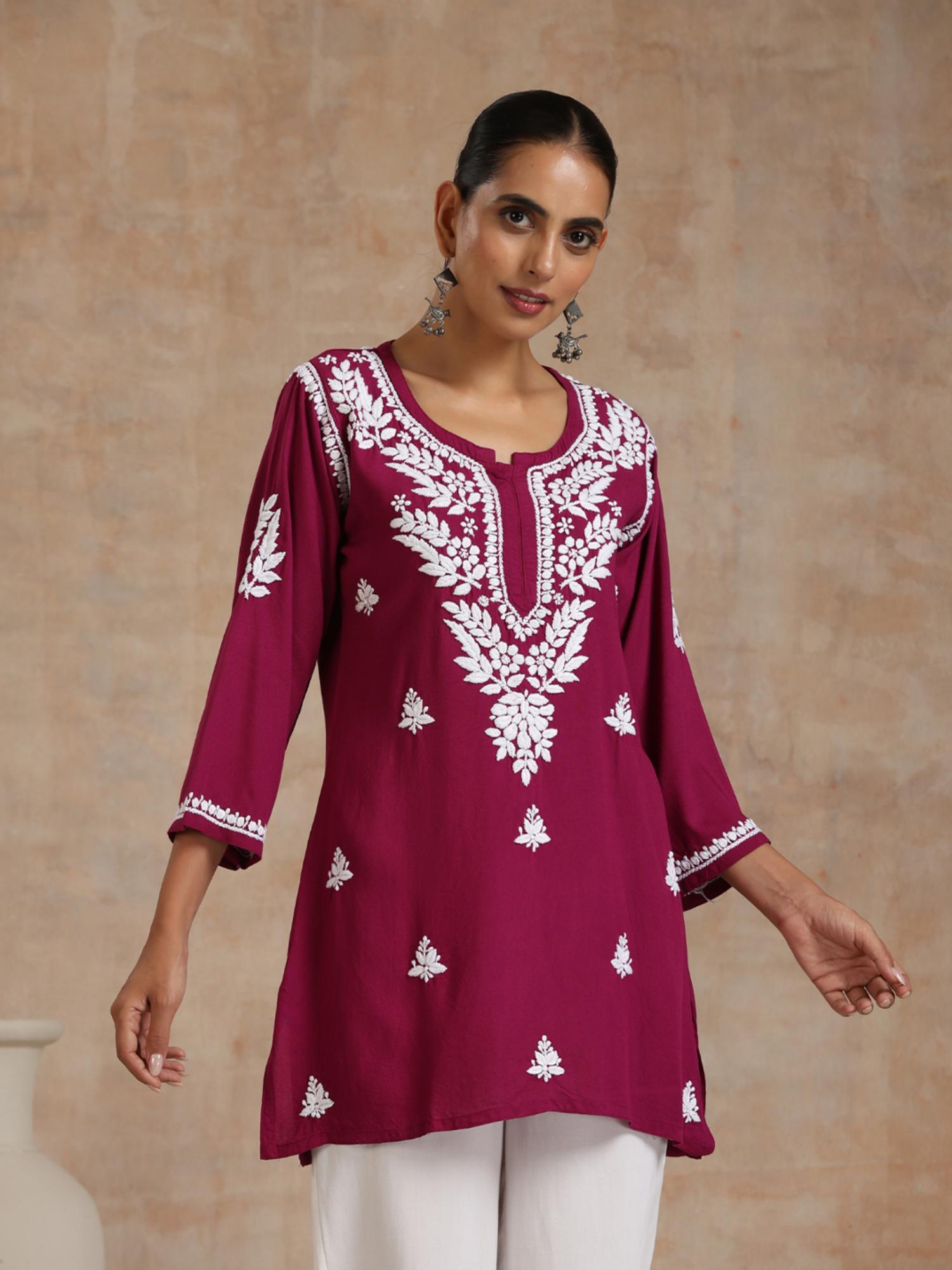 rayon chikankari solid womens short kurti- burgundy