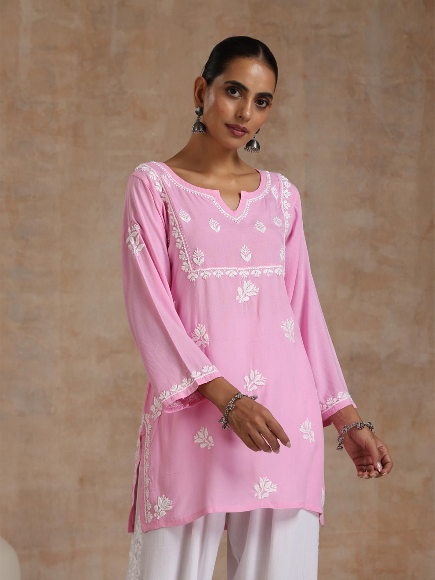 rayon chikankari solid womens short kurti- light pink