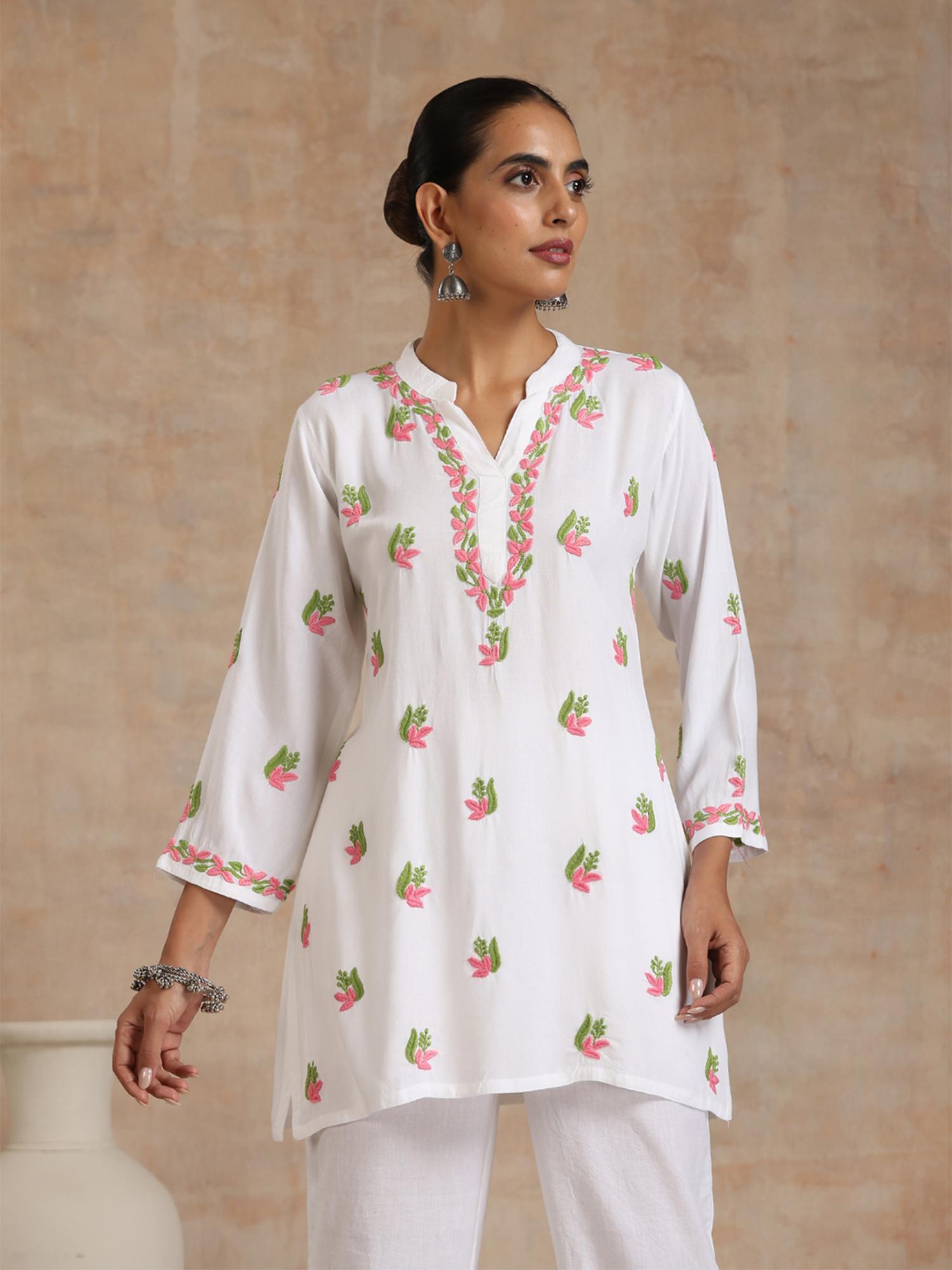 rayon chikankari solid womens short kurti- white