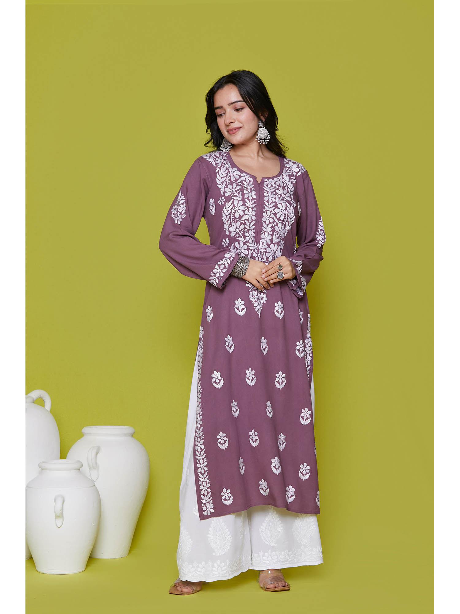 rayon chikankari womens long kurta-purple