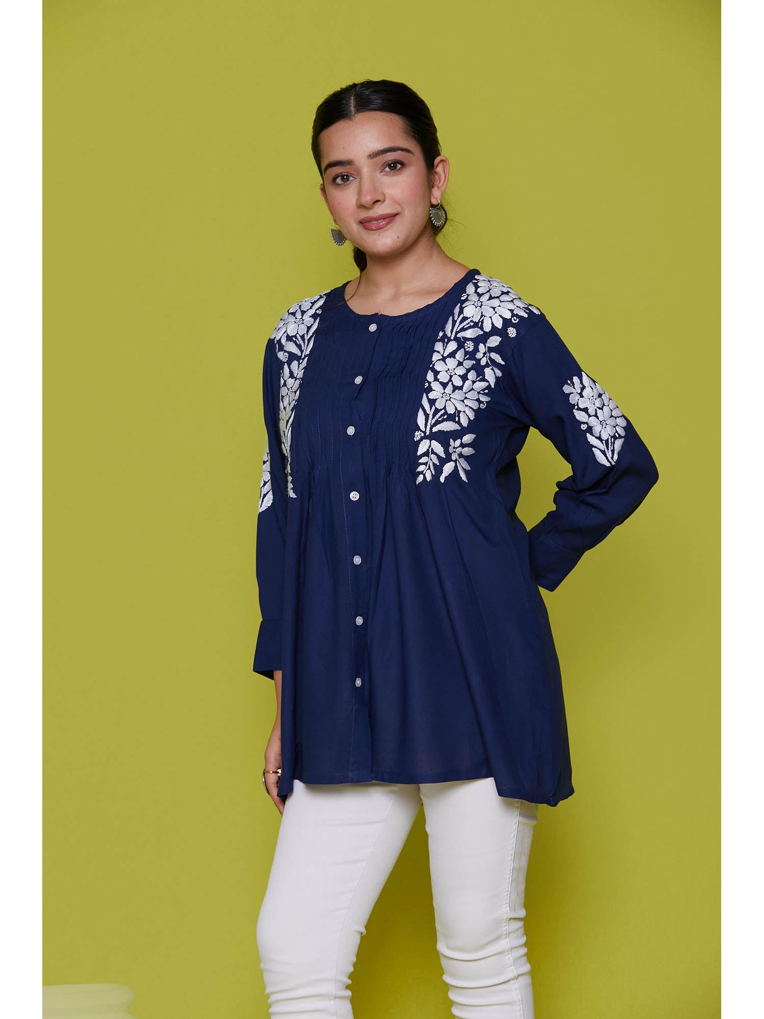 rayon chikankari womens shirt-navy blue