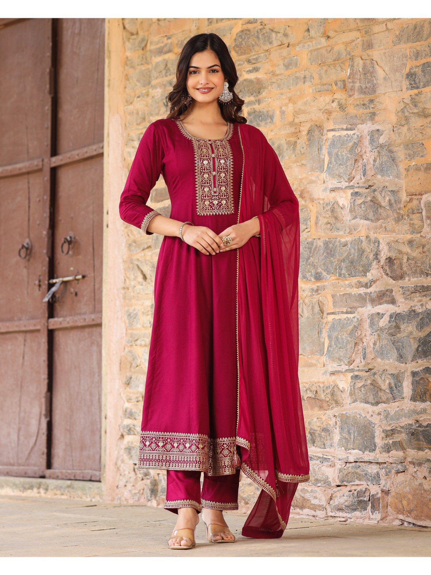 rayon embroidery anarkali kurta pants dupatta maroon (set of 3)