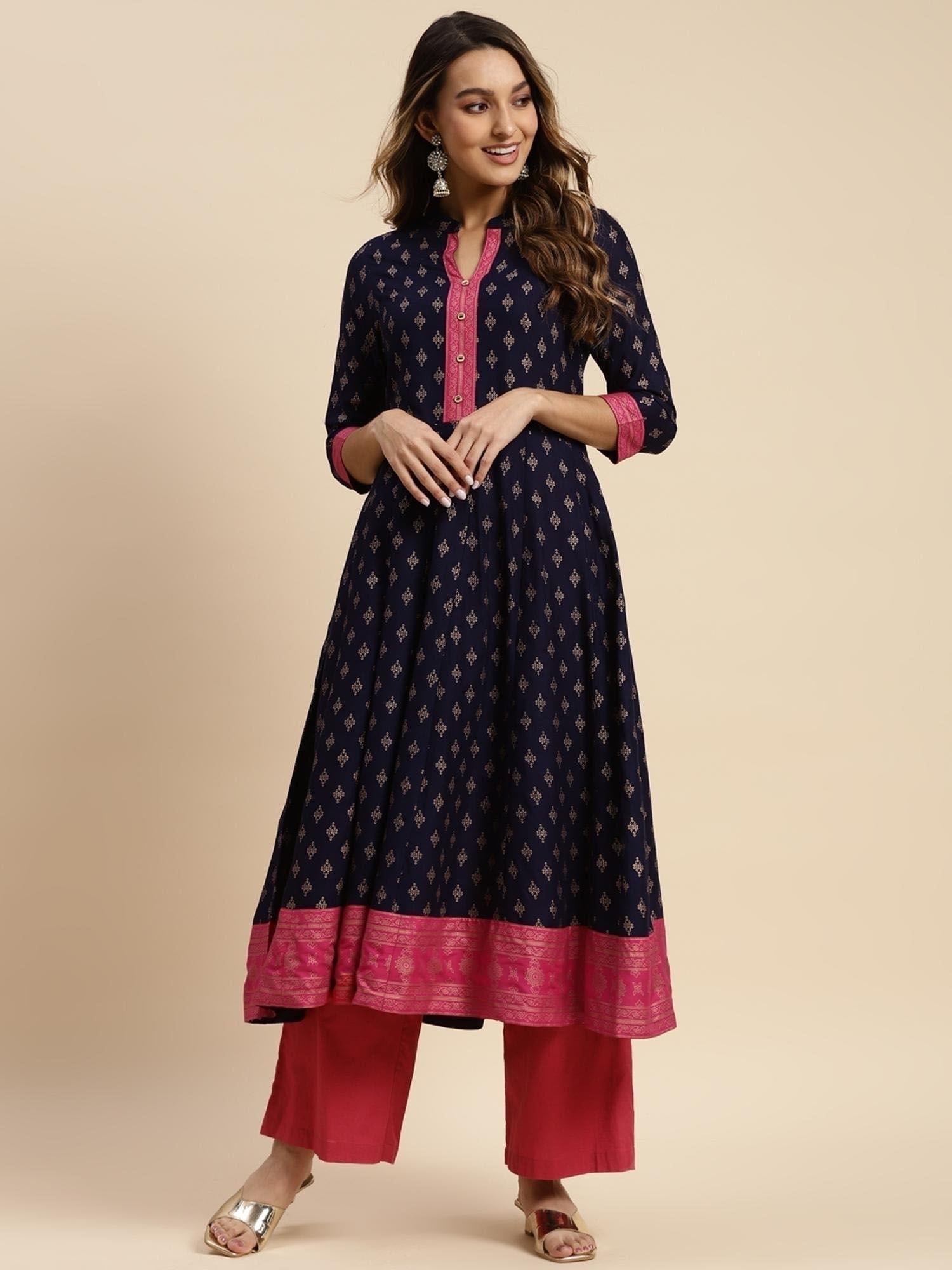 rayon ethnic printed calf length anarkali kurta with contrast border at hem-navy blue