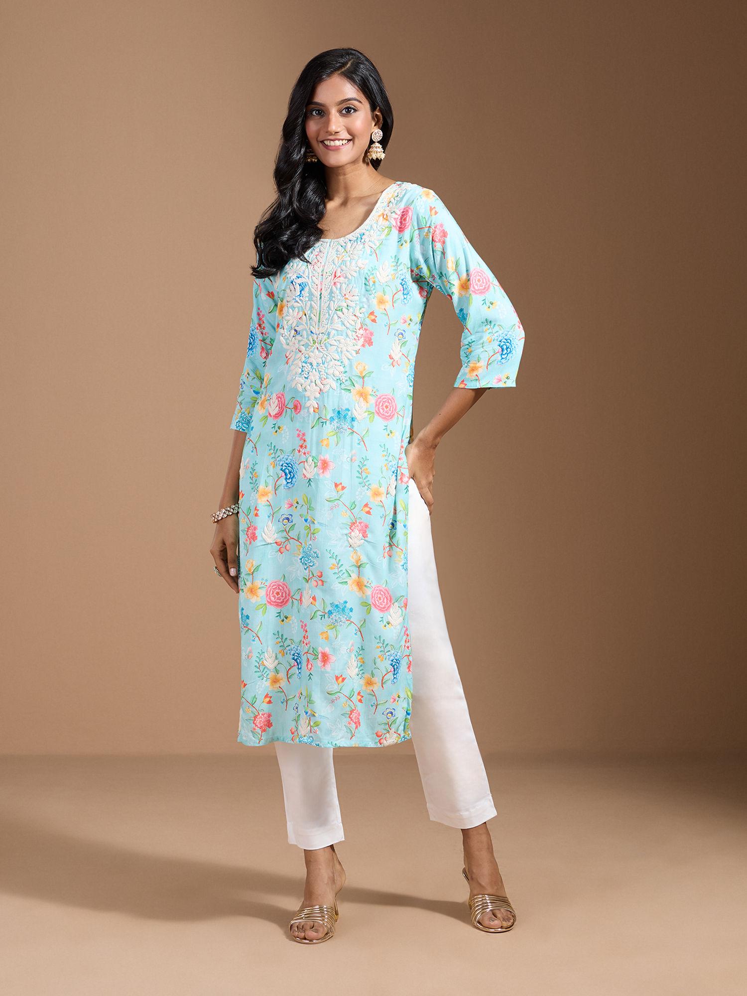 rayon floral chikankari all over printed blue kurtas