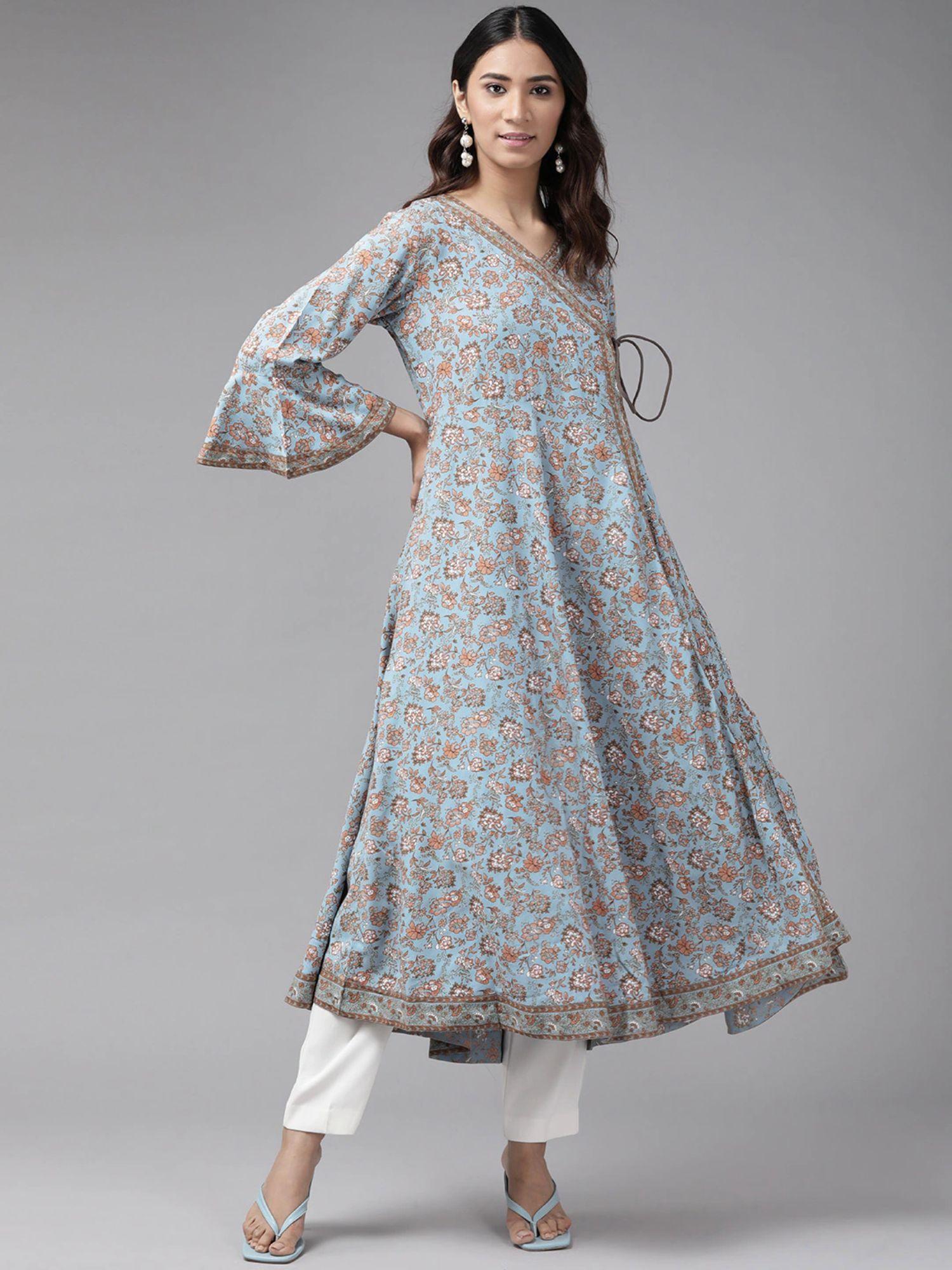 rayon floral print angrakha kurta-blue