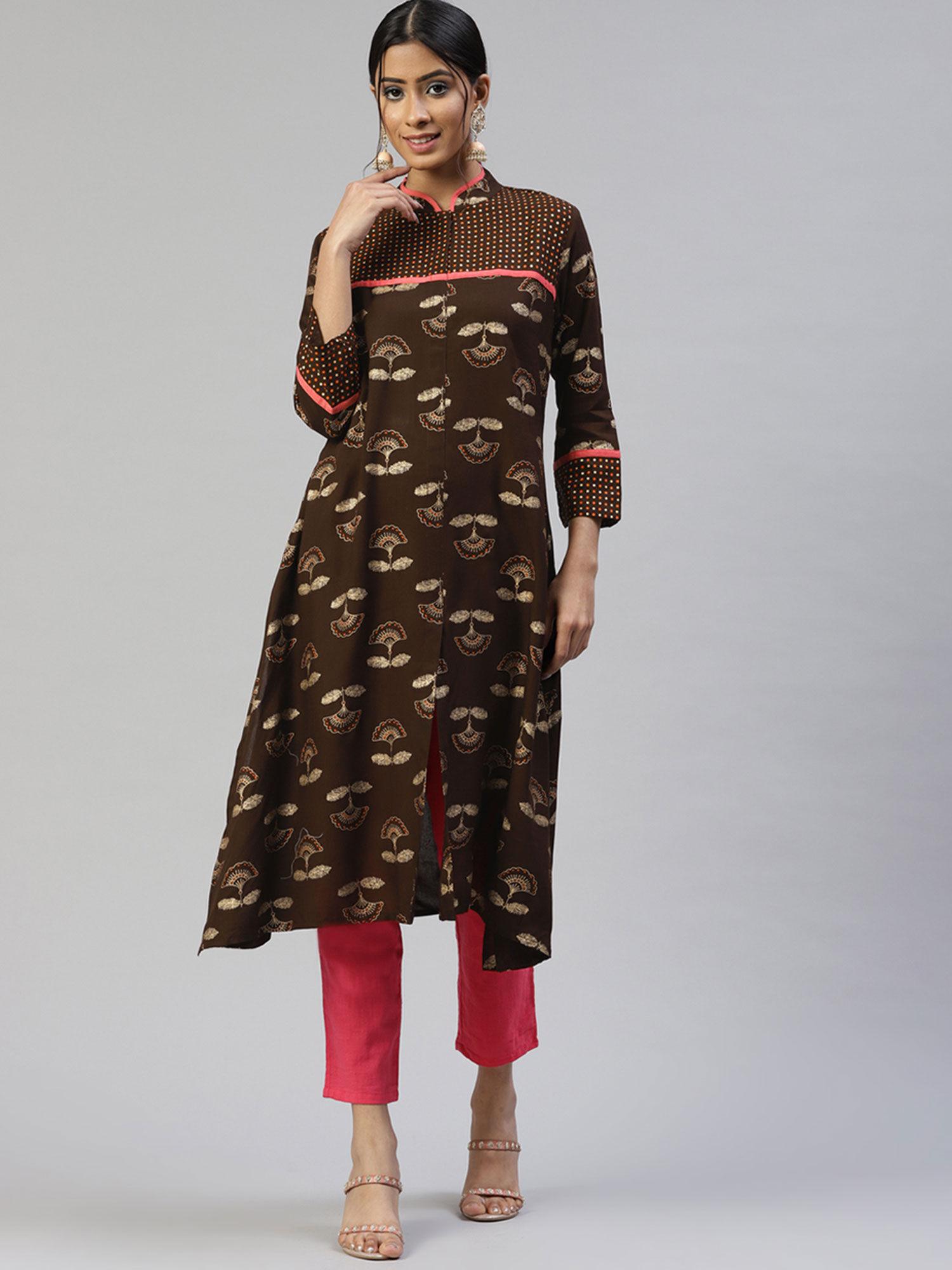 rayon floral printed a-line kurta brown