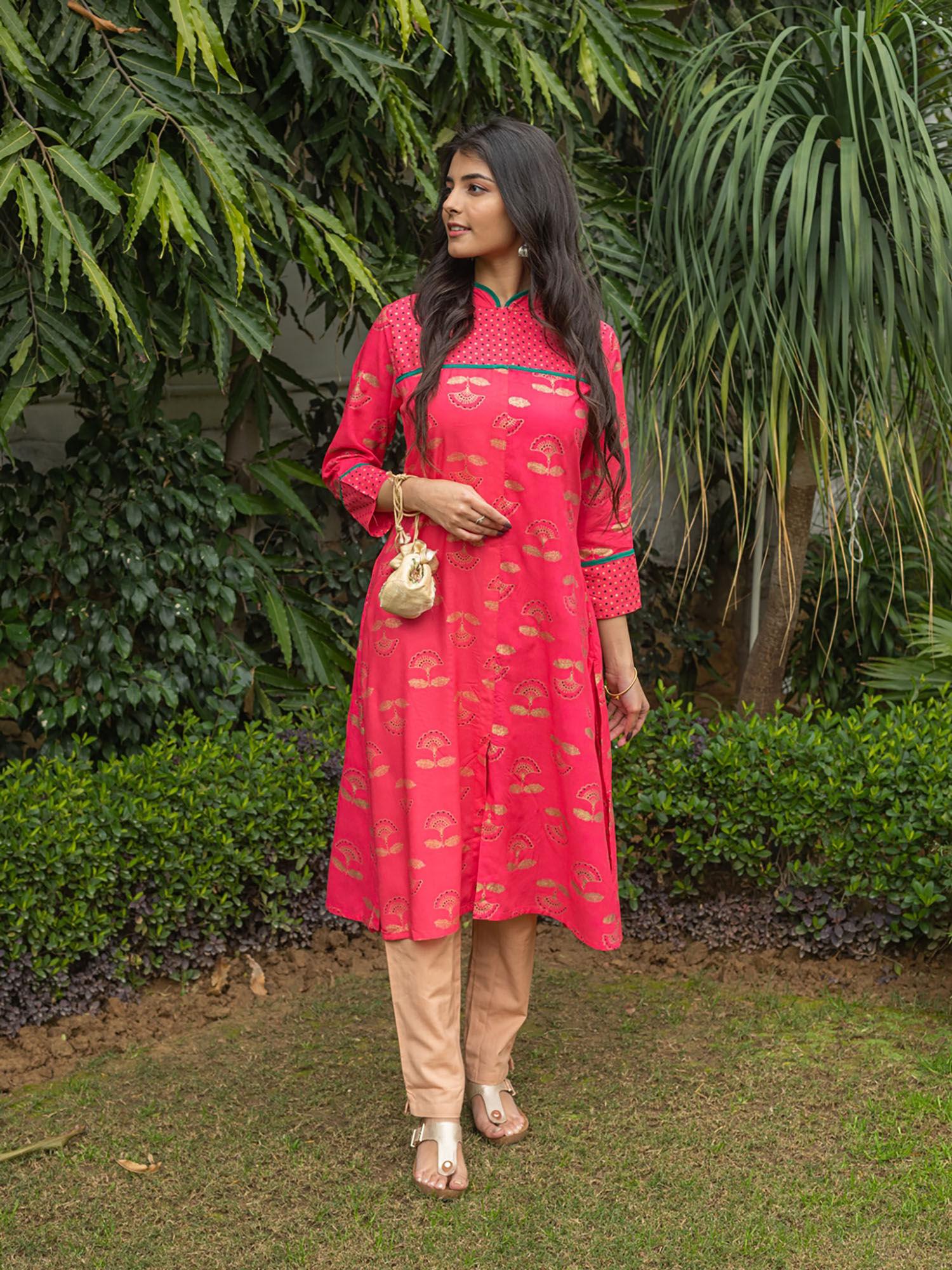 rayon floral printed a-line kurta-coral