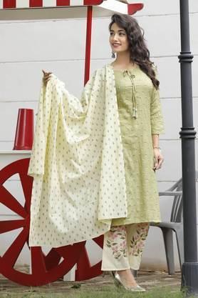 rayon floral printed mirror work kurta with palazzos & with dupatta - green