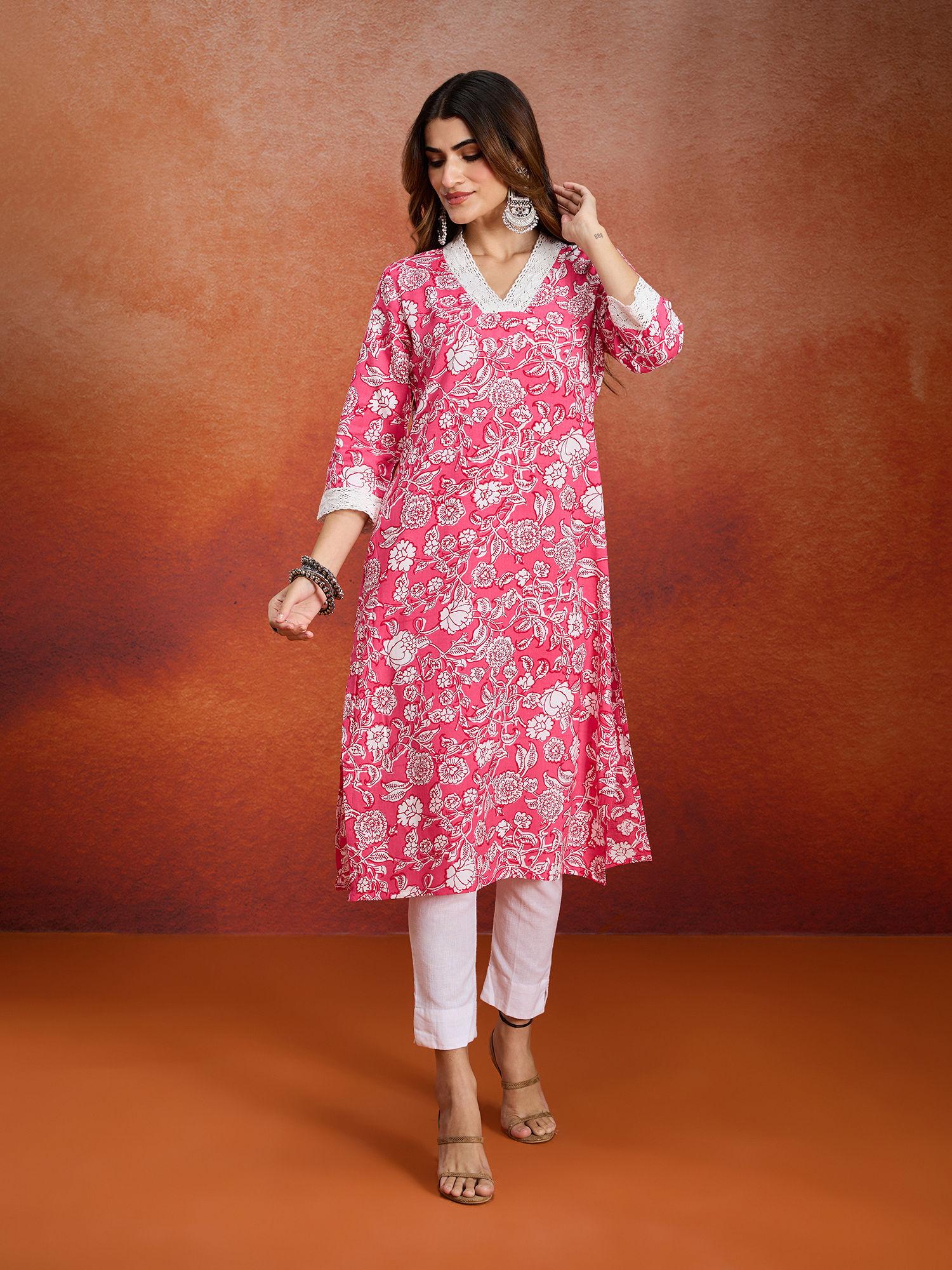 rayon floral printed pink straight kurta with lace detail likepku15