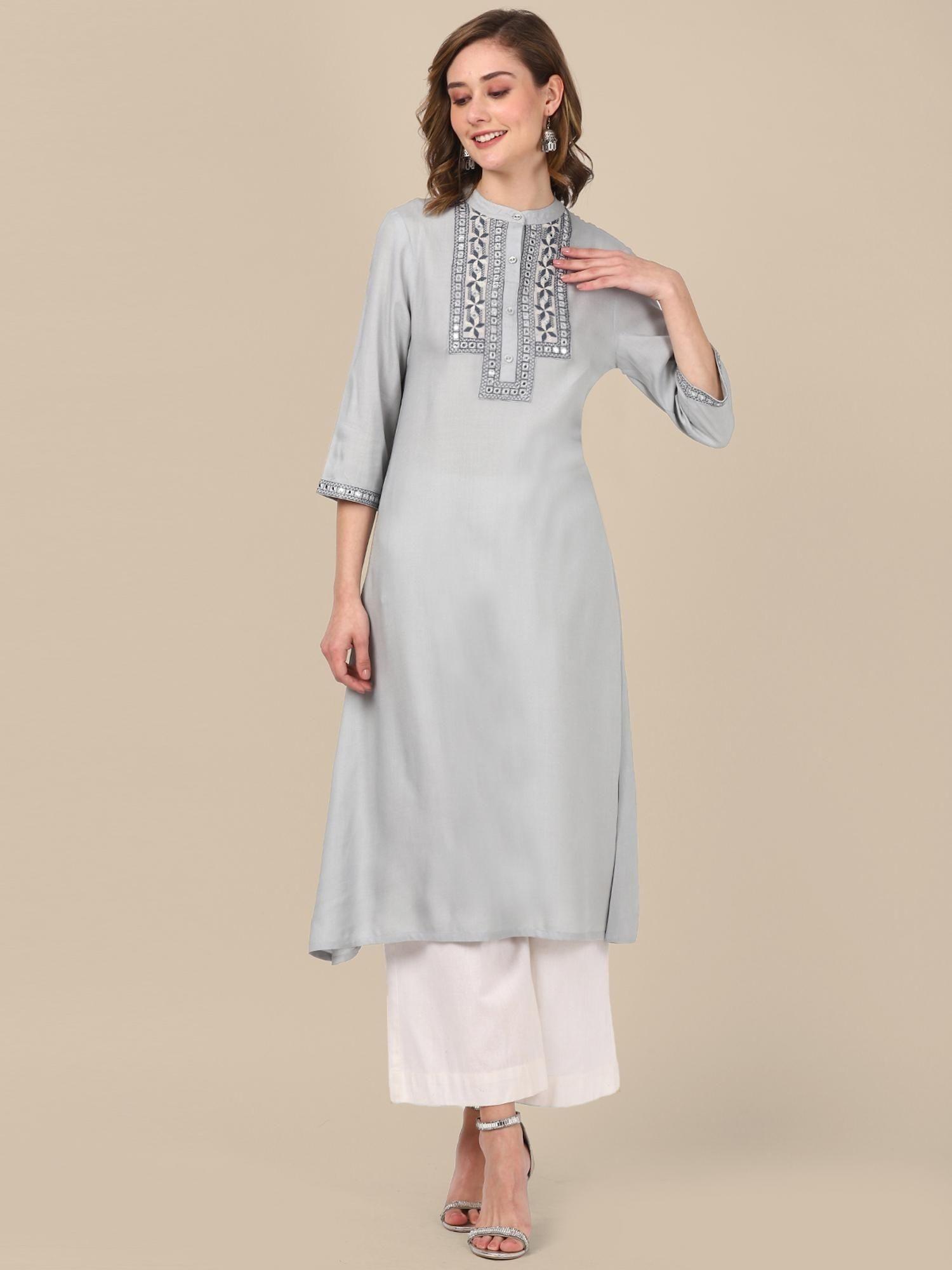 rayon light grey yoke embroidered calf length a-line kurta