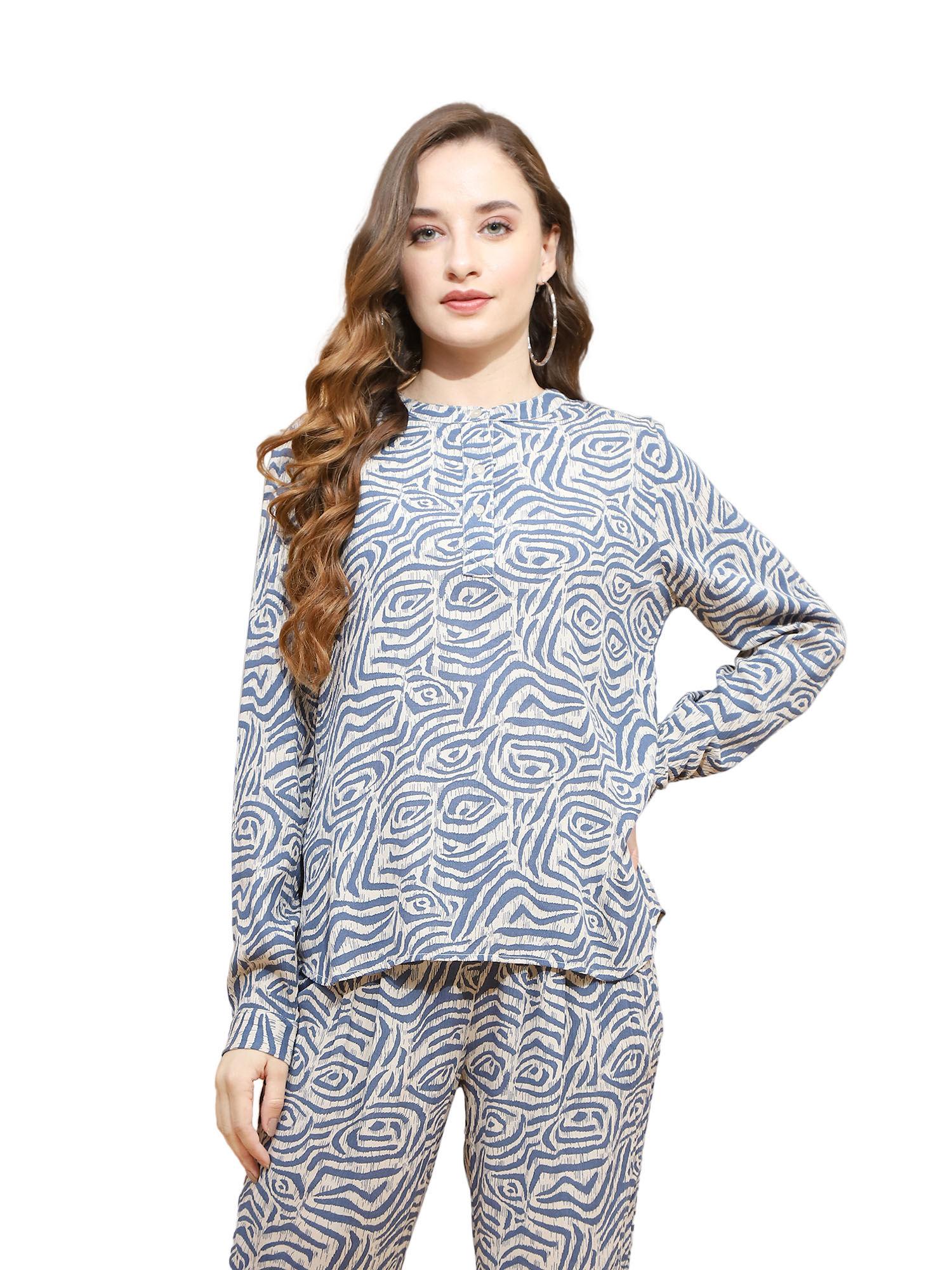 rayon mandarin full sleeves blouson top for women blue