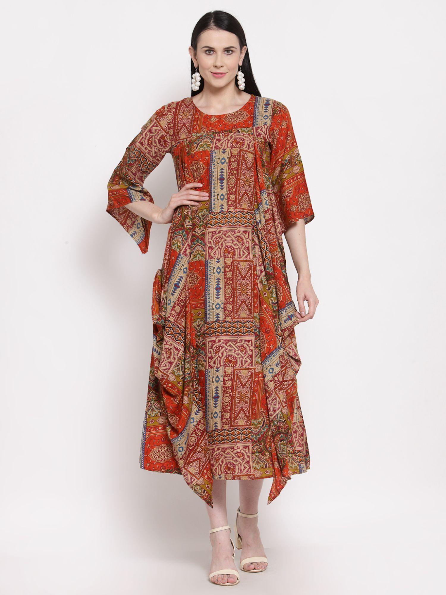 rayon maroon abstract print dress