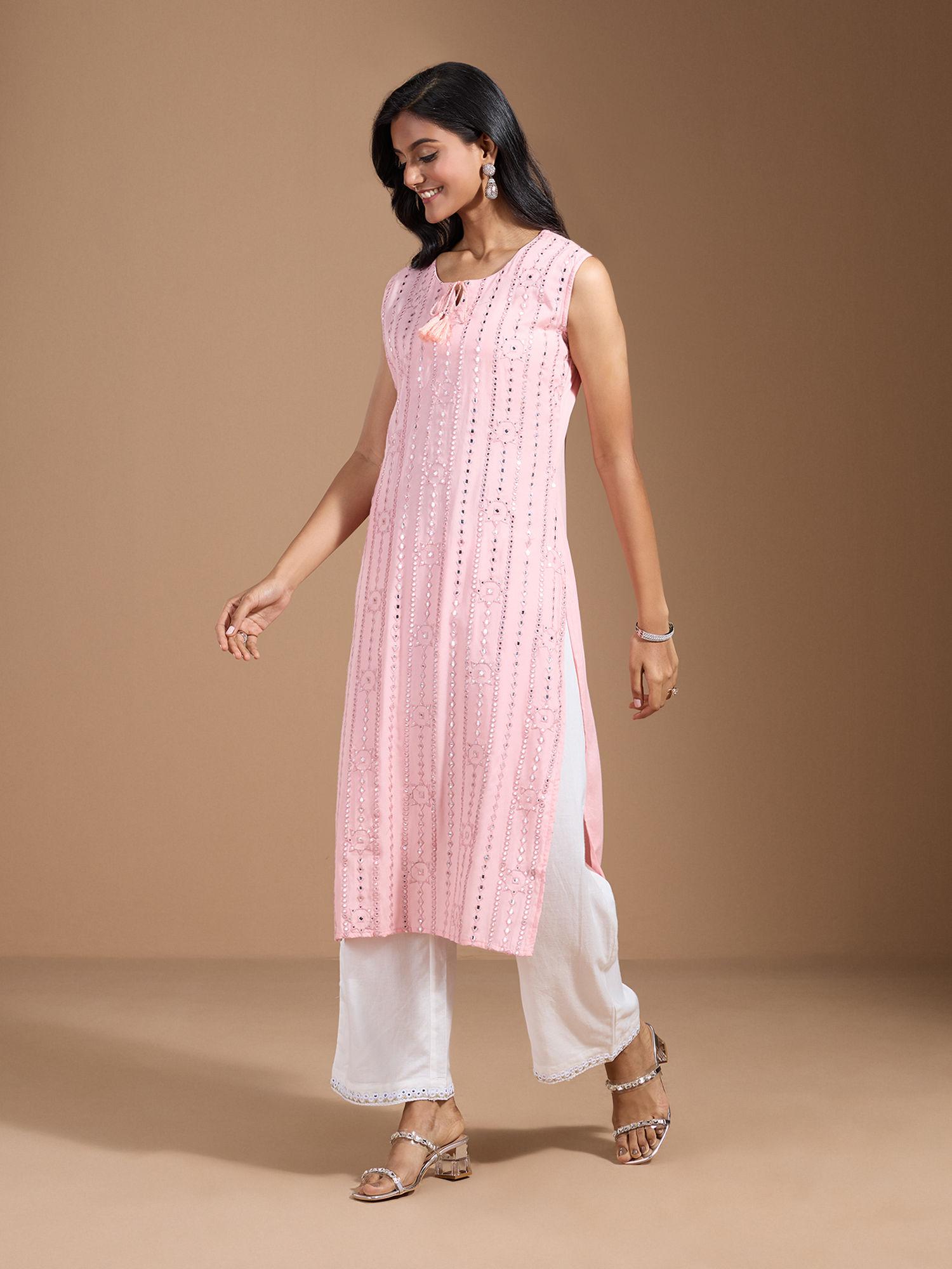 rayon mirror work embroidered embellished peach kurtas