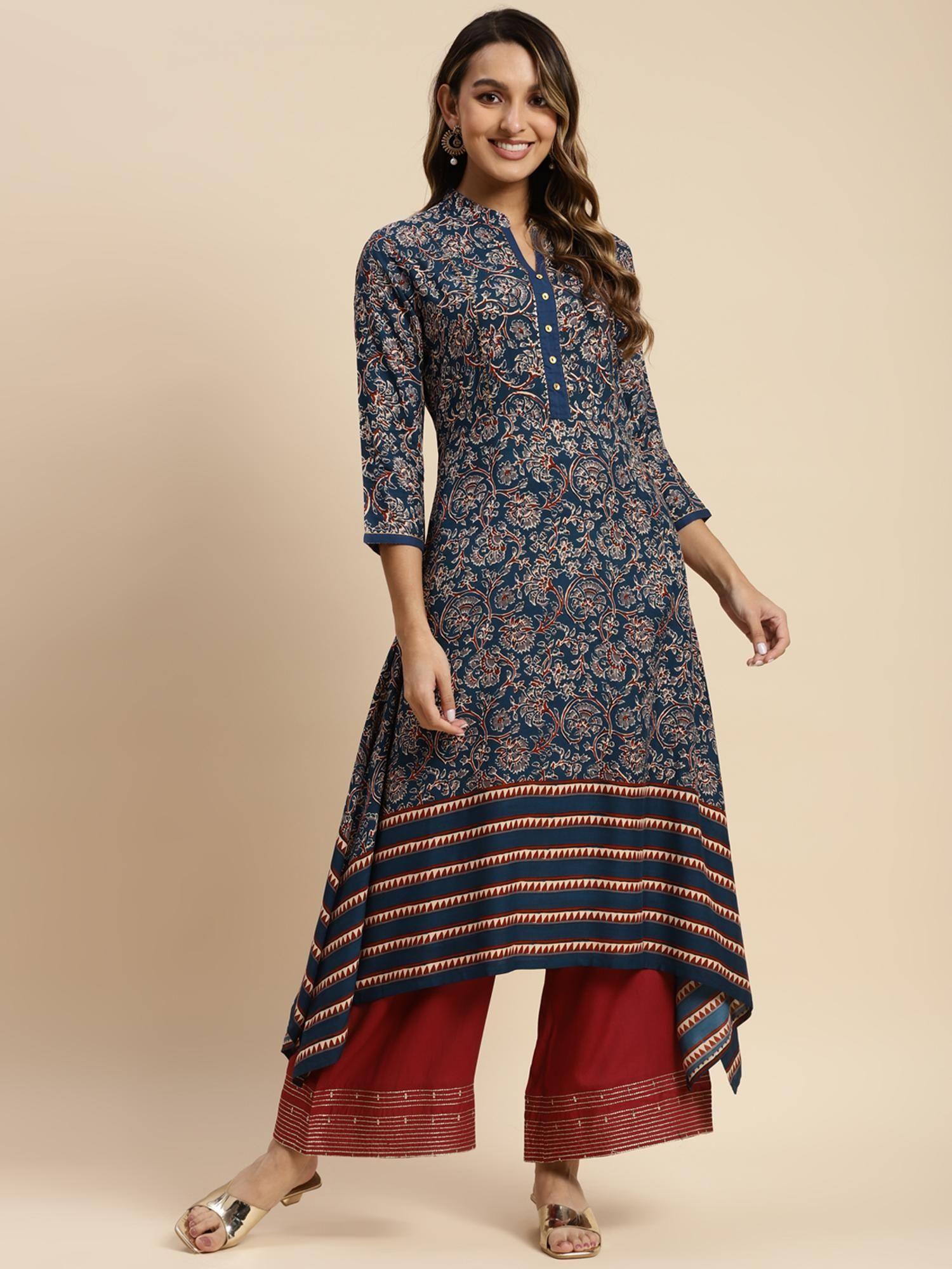 rayon navy floral printed calf length asymmetrical kurta