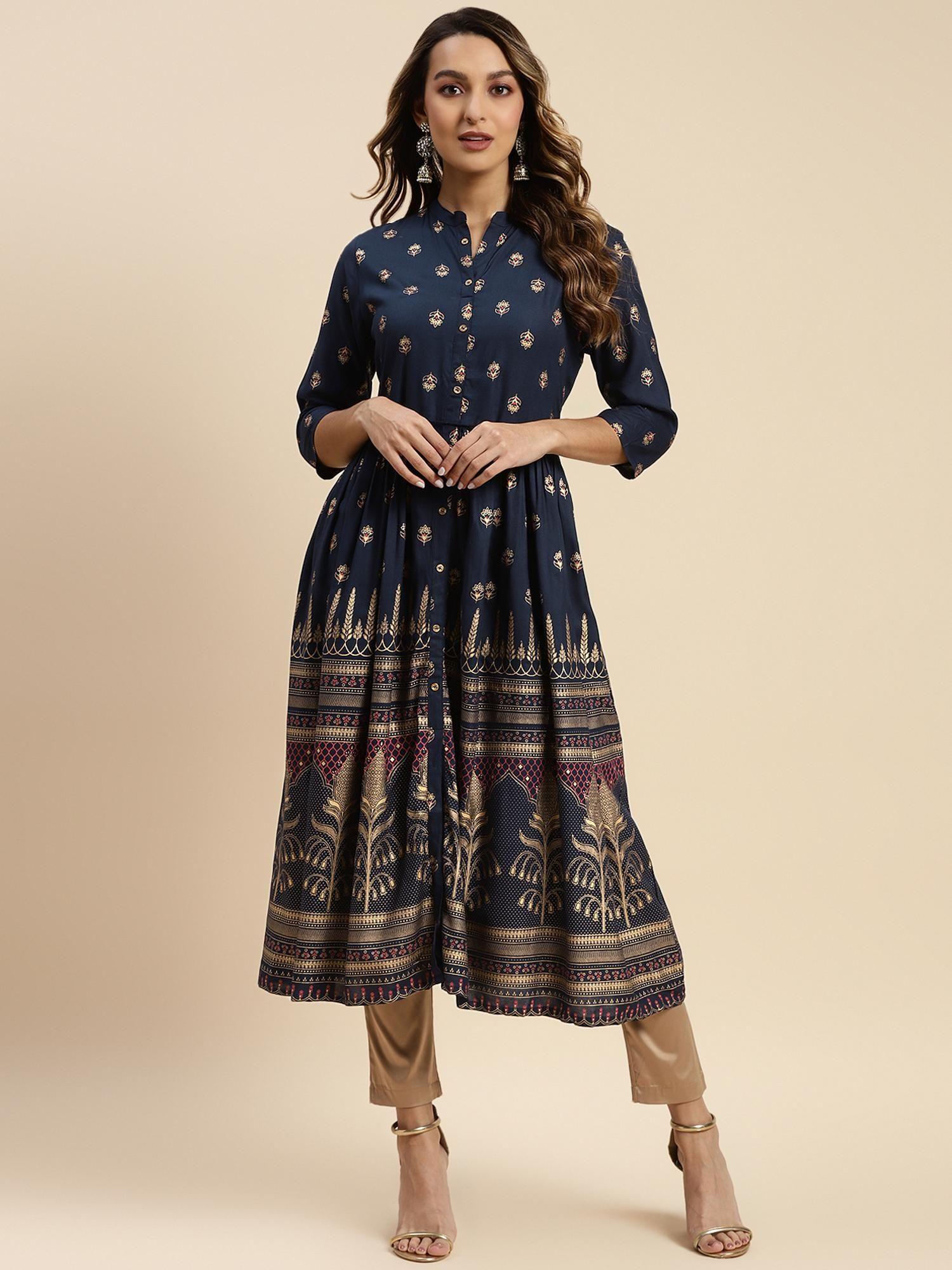 rayon navy gold printed calf length kurta gathered at waist