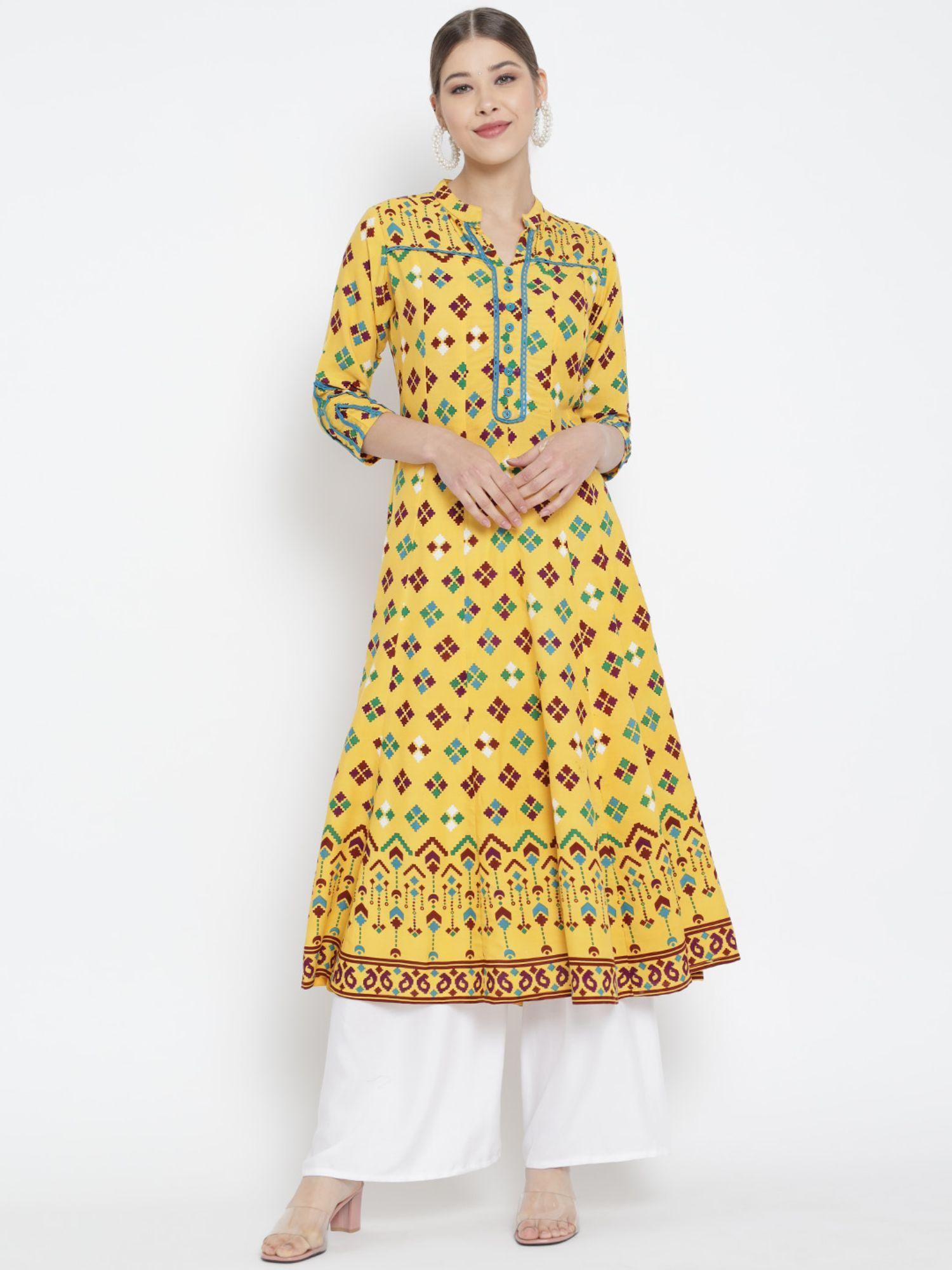 rayon patola print anarkali kurta-yellow