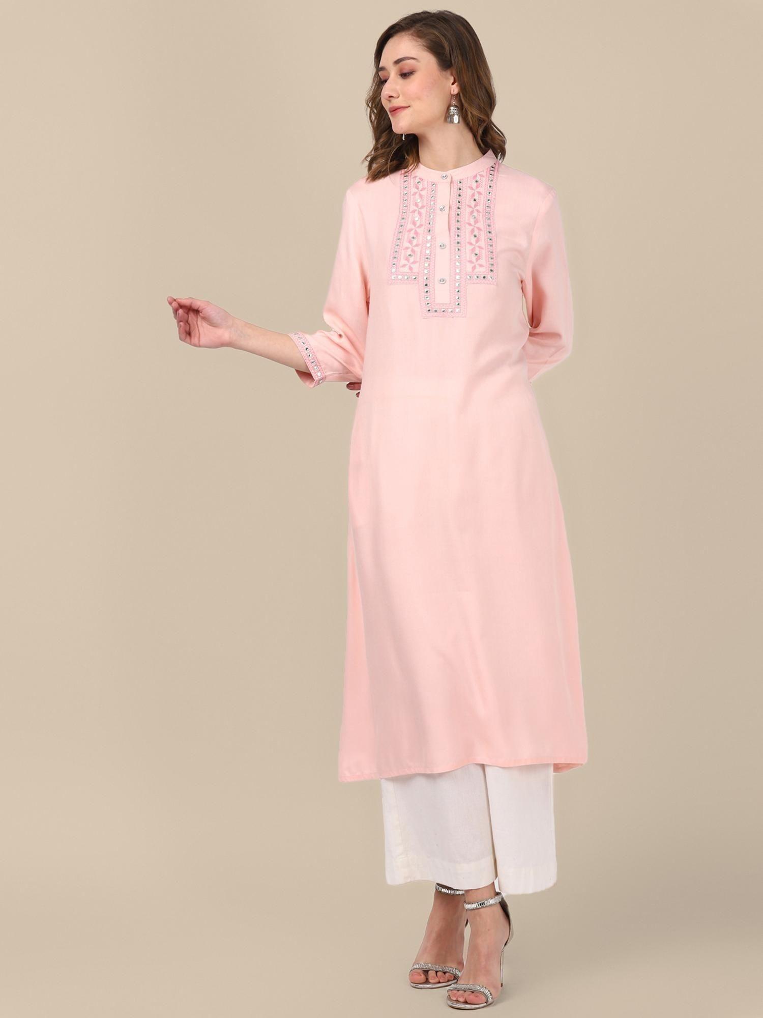 rayon peach yoke embroidered calf length a-line kurta