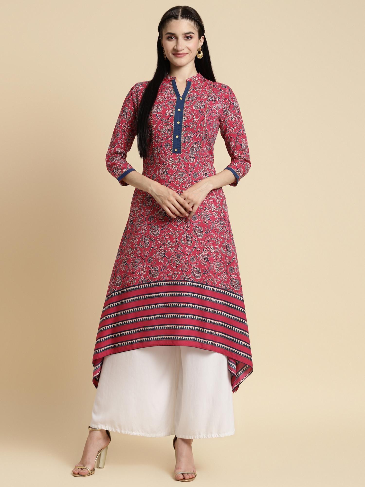 rayon pink floral printed contrast placket calf length asymmetrical kurta