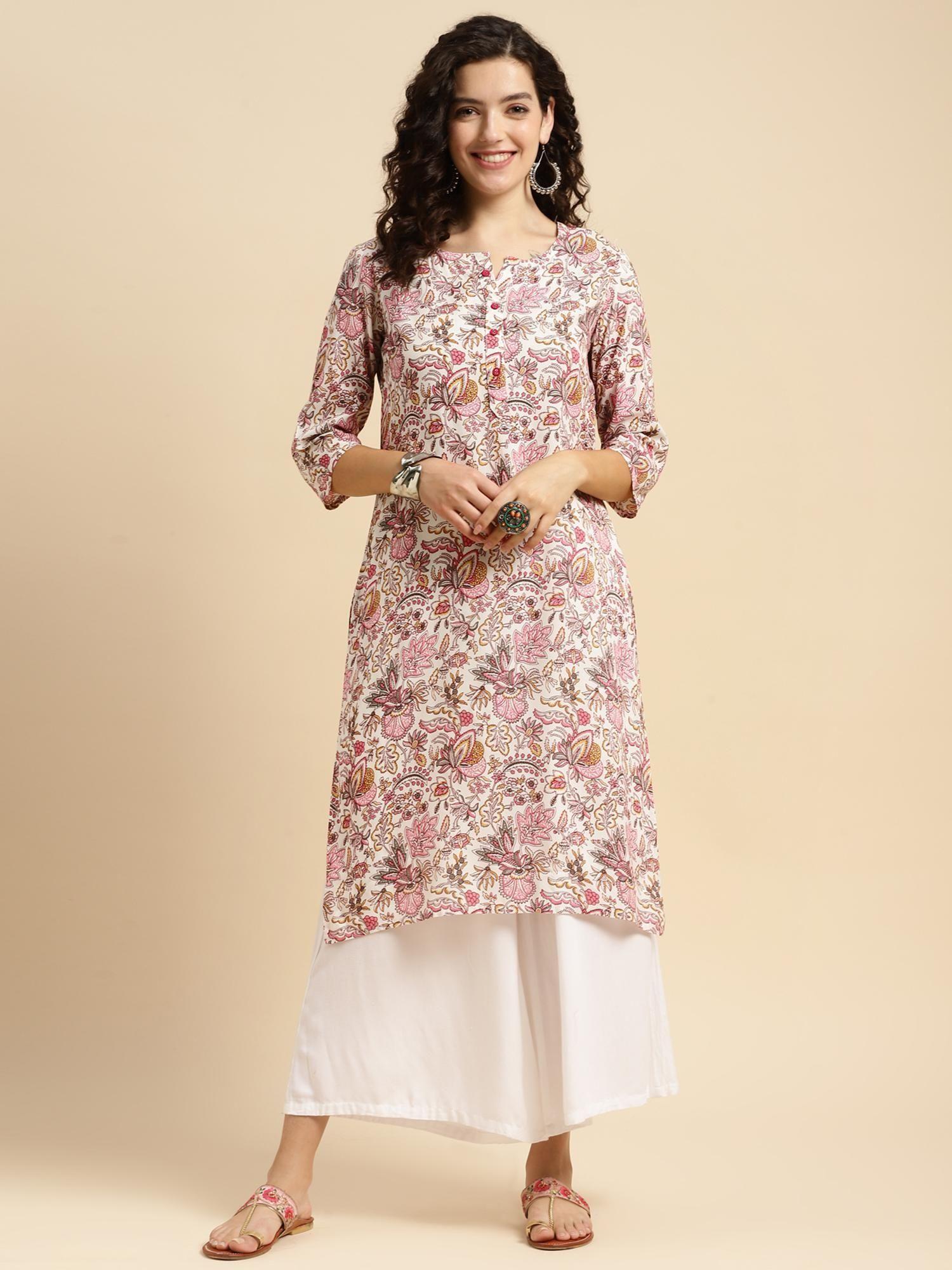 rayon pink printed knee length straight kurta